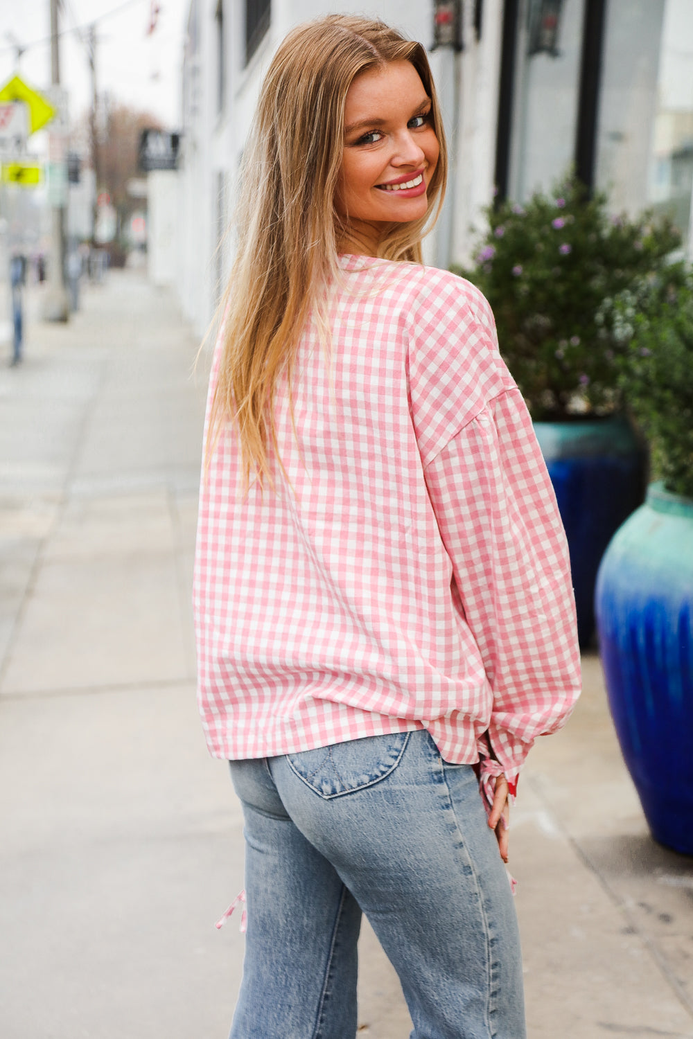 Pink Gingham Red Wavy Trim Front Tie Jacket