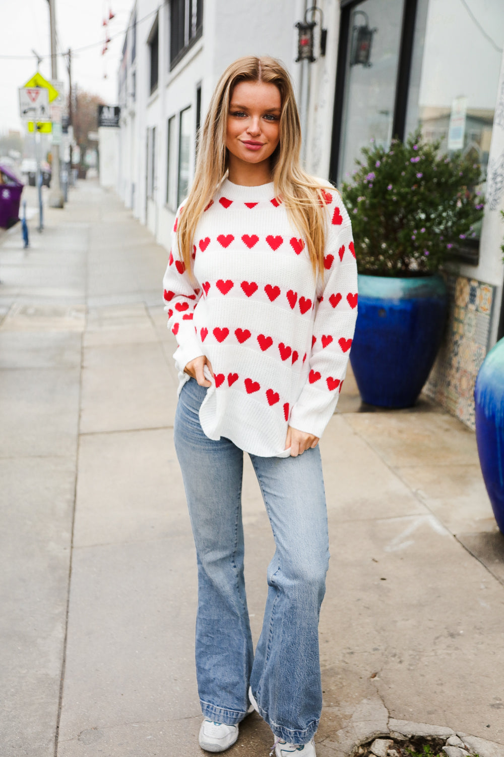 White Heart Stripe Jacquard Sweater