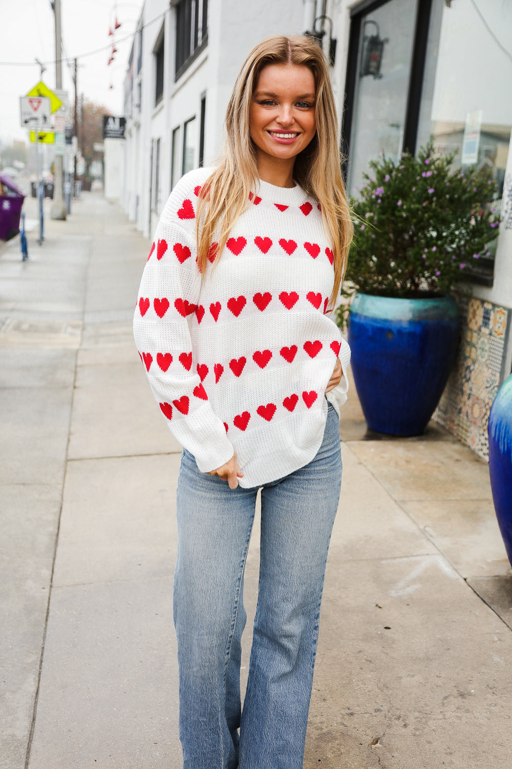 White Heart Stripe Jacquard Sweater