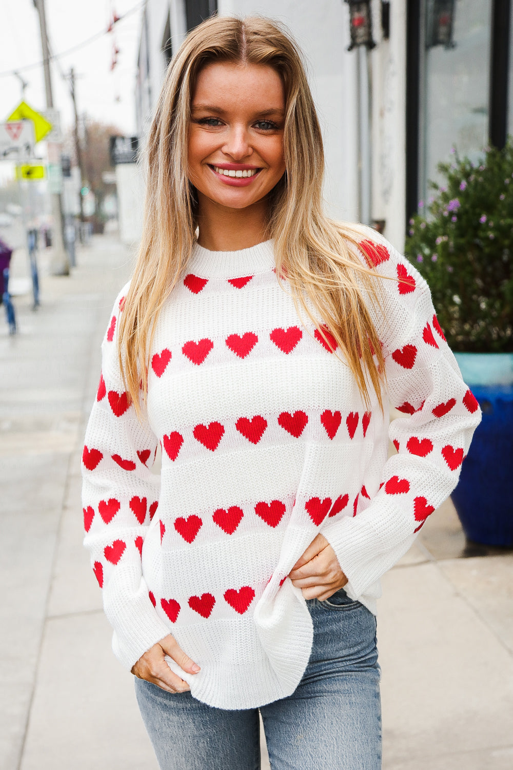 White Heart Stripe Jacquard Sweater