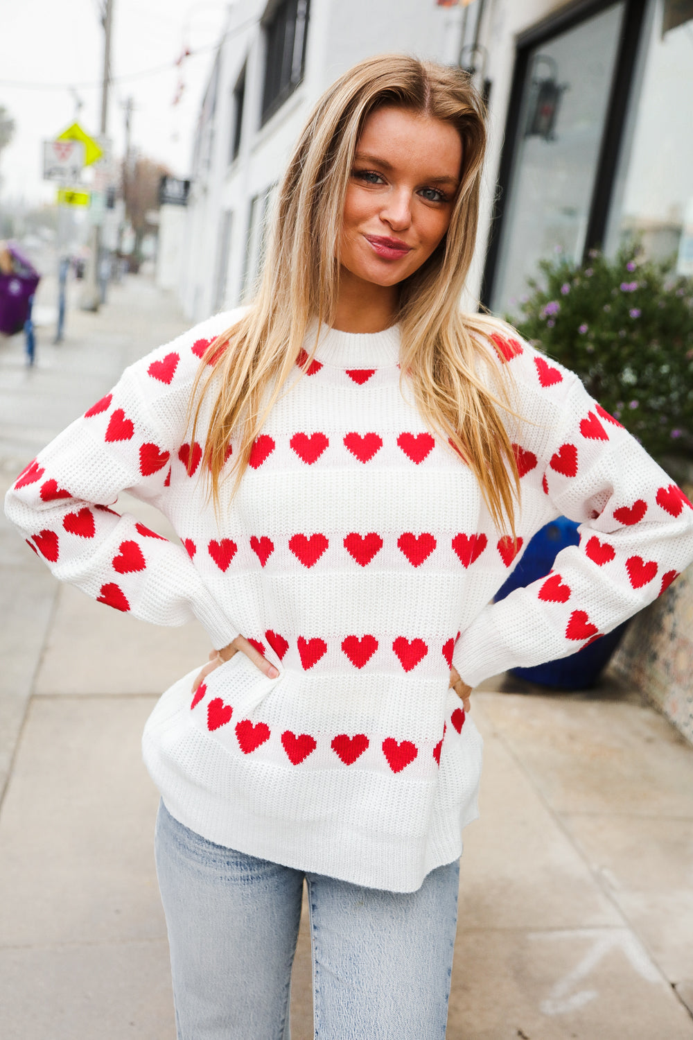 White Heart Stripe Jacquard Sweater