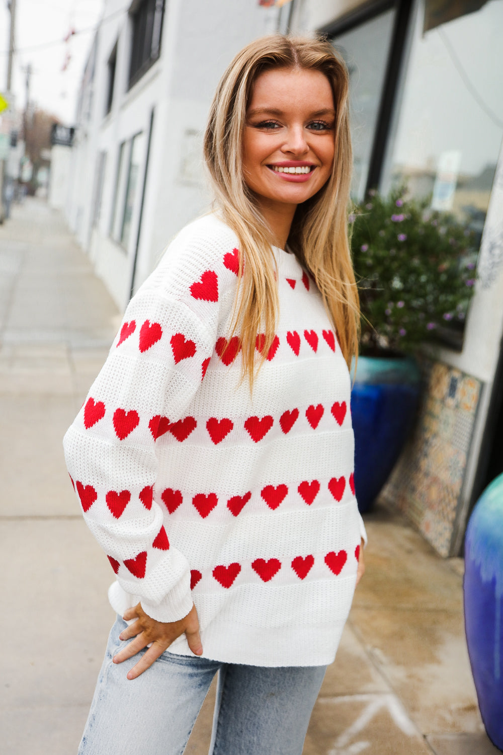 White Heart Stripe Jacquard Sweater