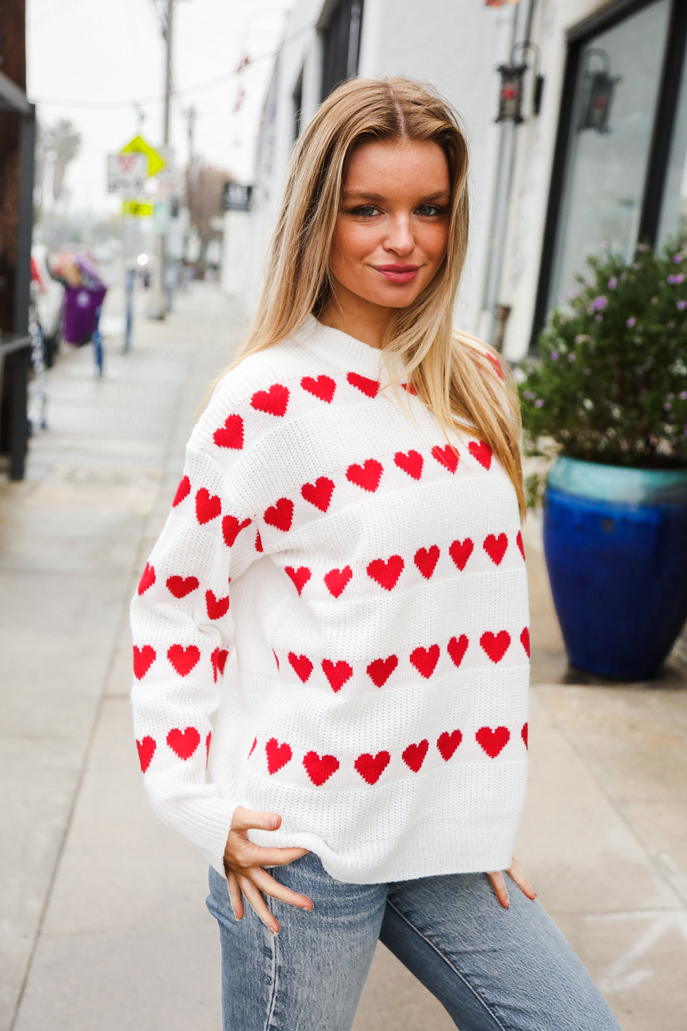 White Heart Stripe Jacquard Sweater