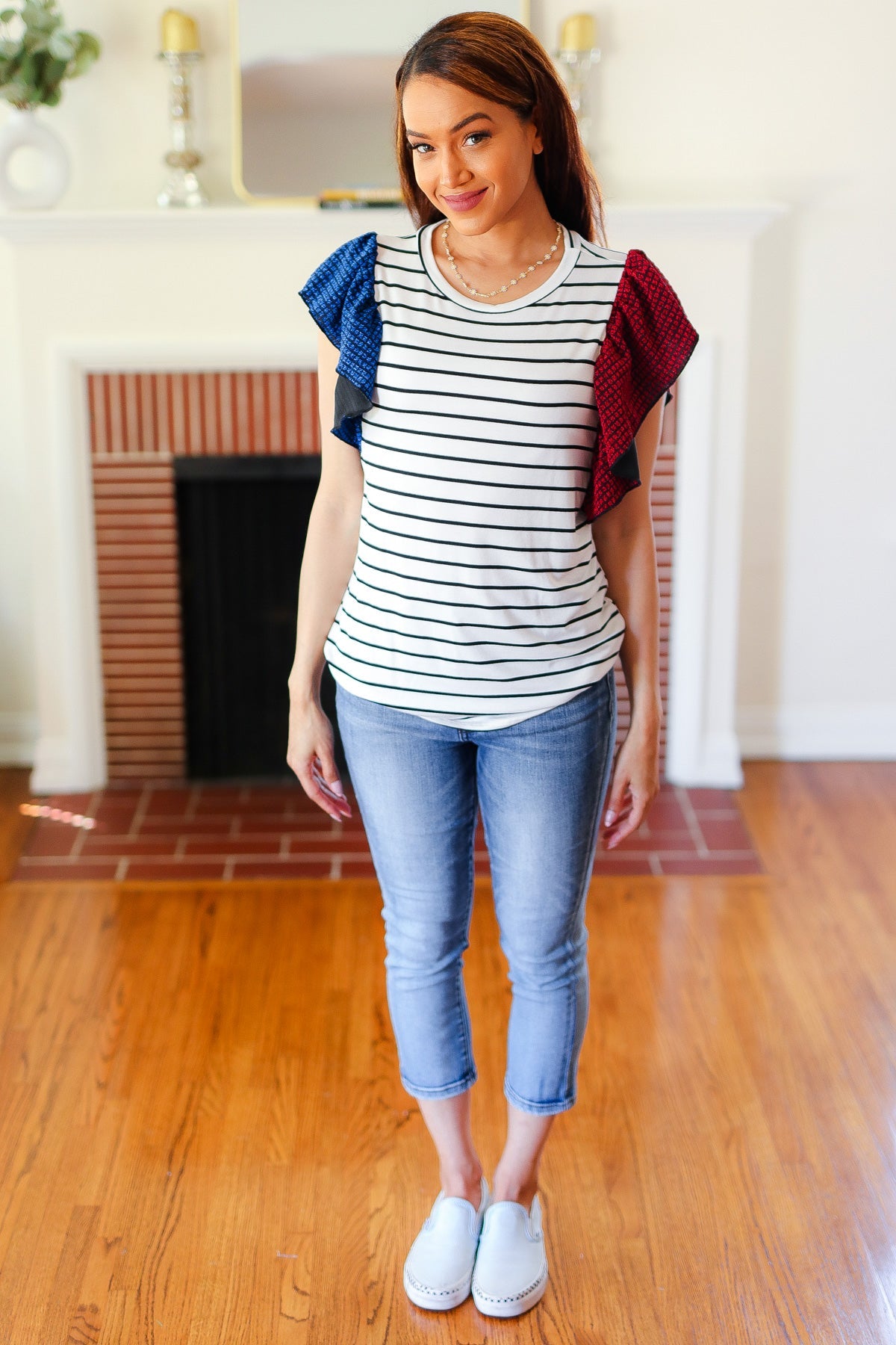 Red & Blue Glitter Flutter Sleeve Striped Top