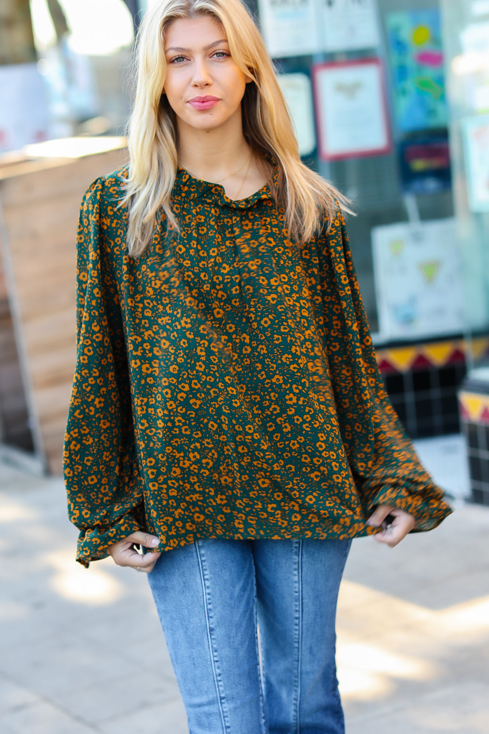 Sweet But Sassy Hunter Green Ditsy Floral Frill Neck Blouse Top