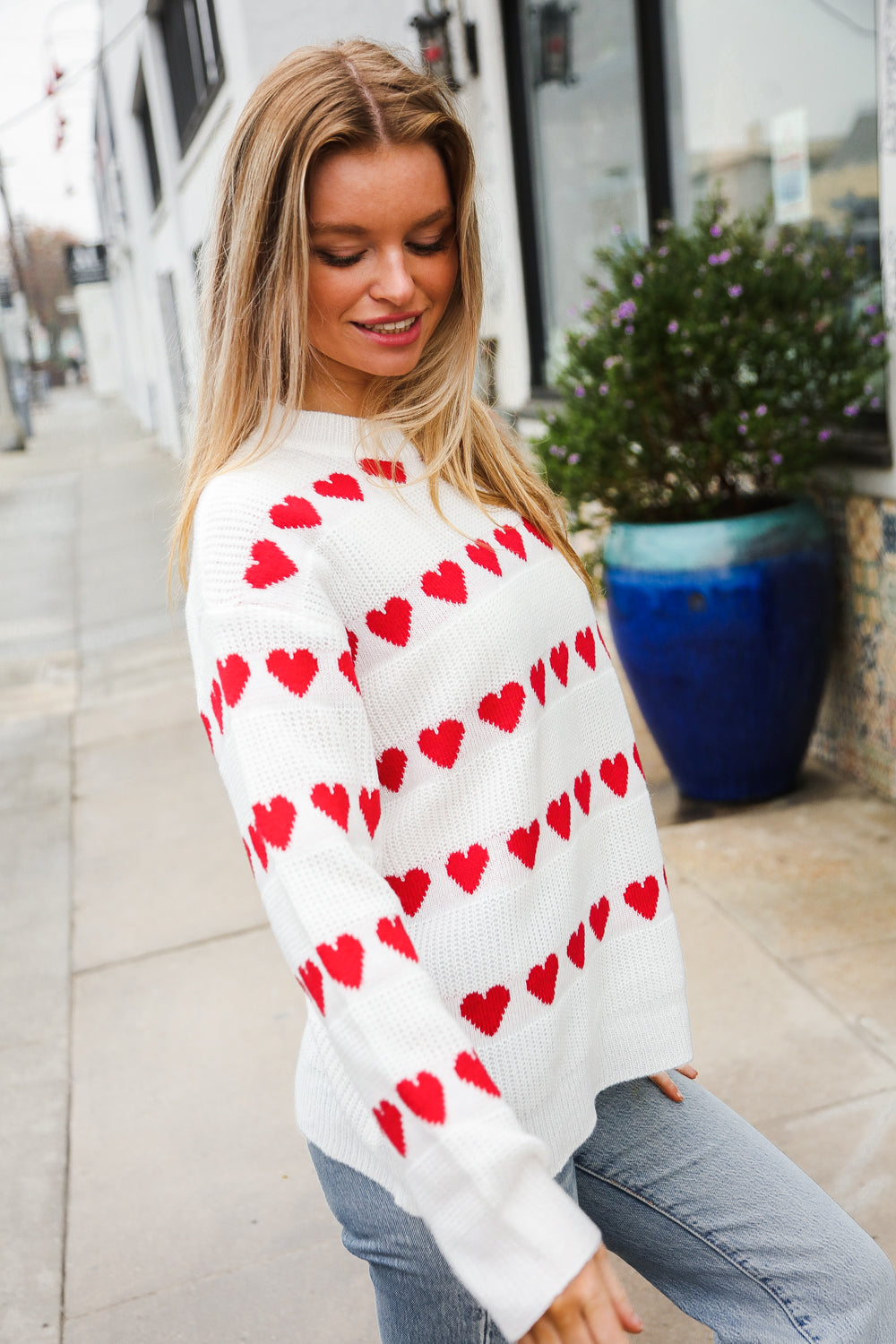 White Heart Stripe Jacquard Sweater