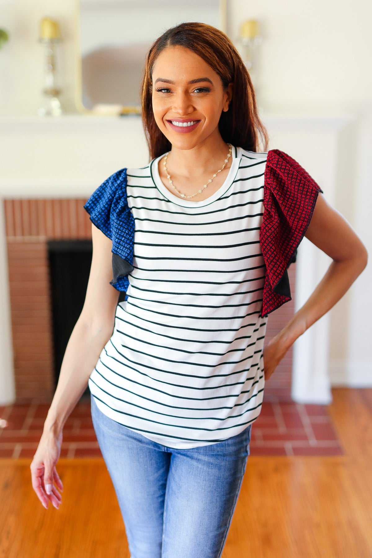 Red & Blue Glitter Flutter Sleeve Striped Top