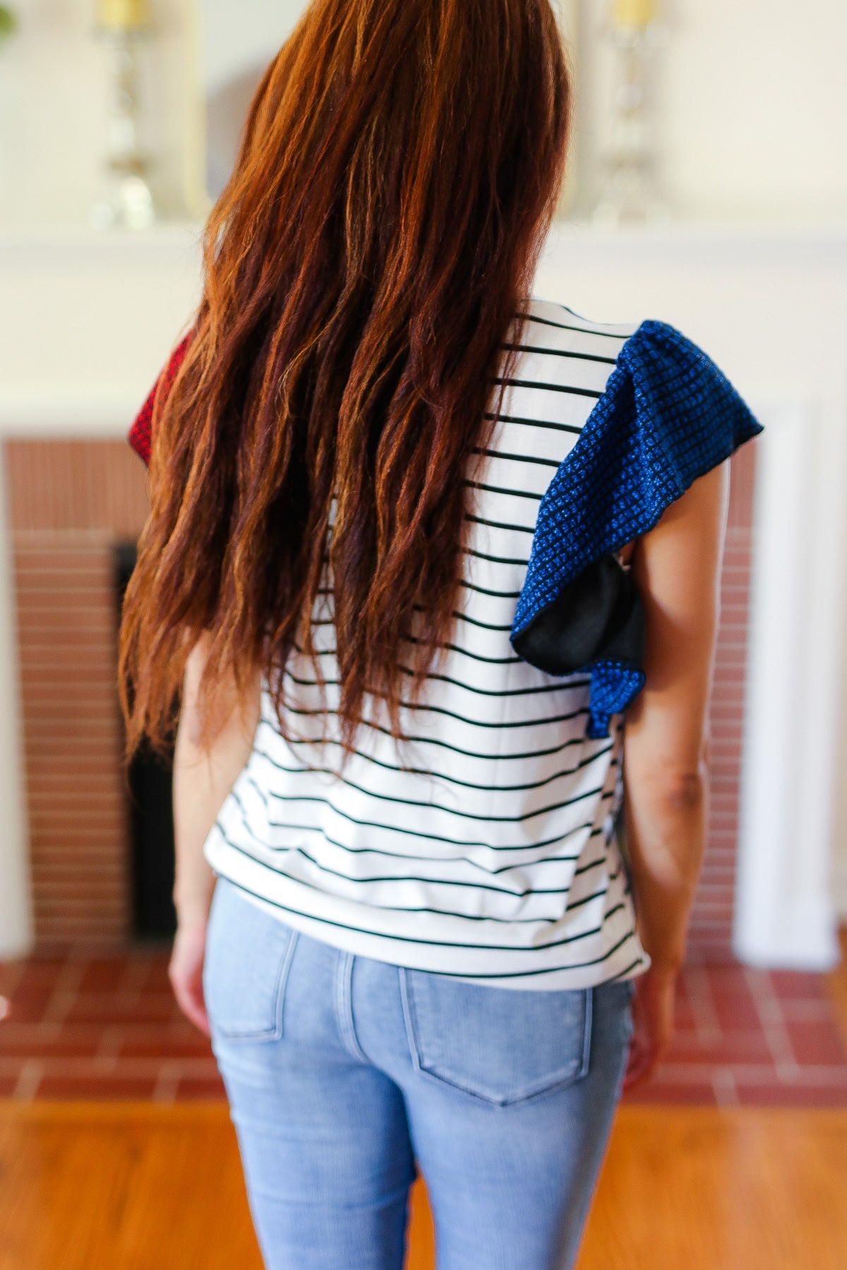 Red & Blue Glitter Flutter Sleeve Striped Top