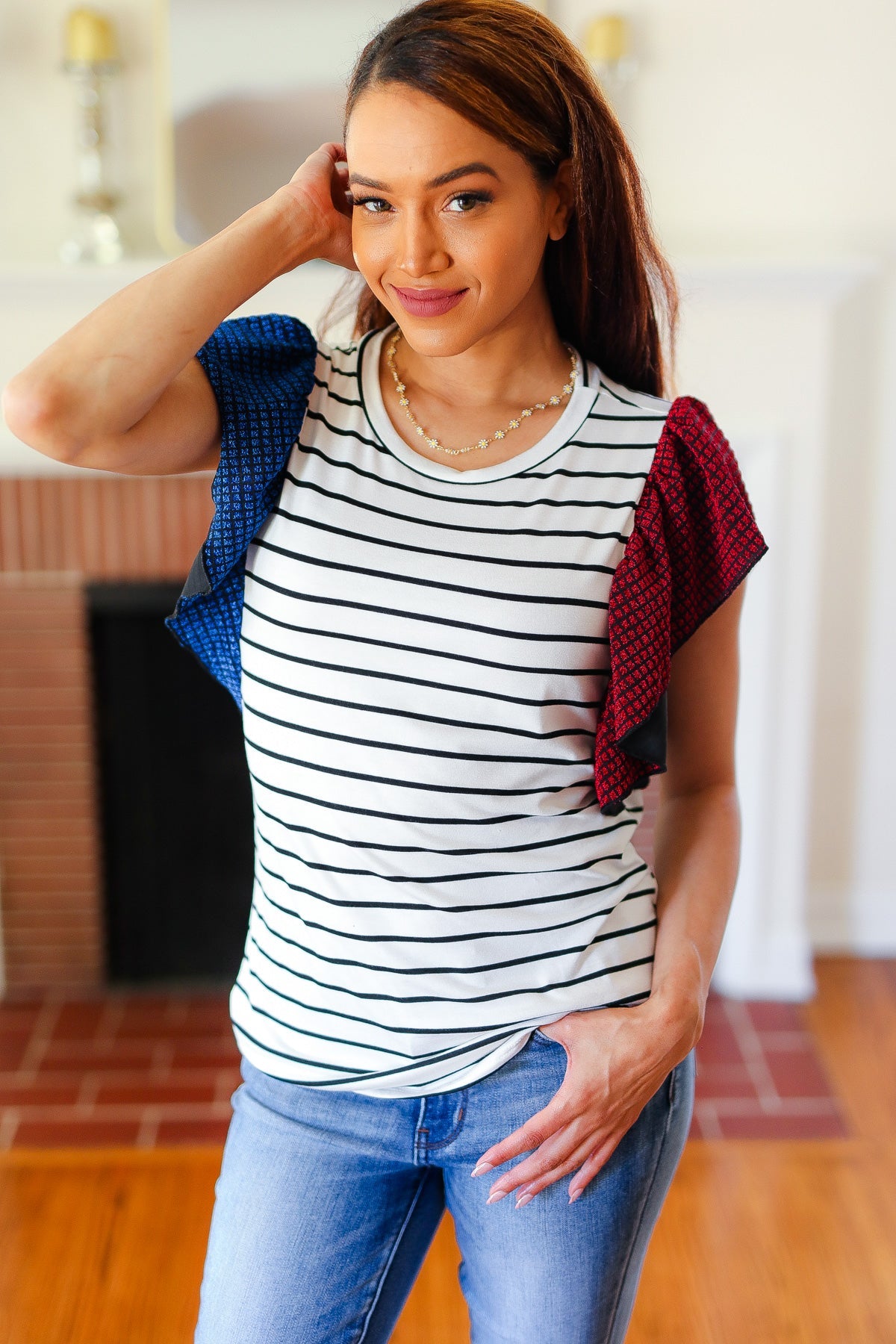 Red & Blue Glitter Flutter Sleeve Striped Top