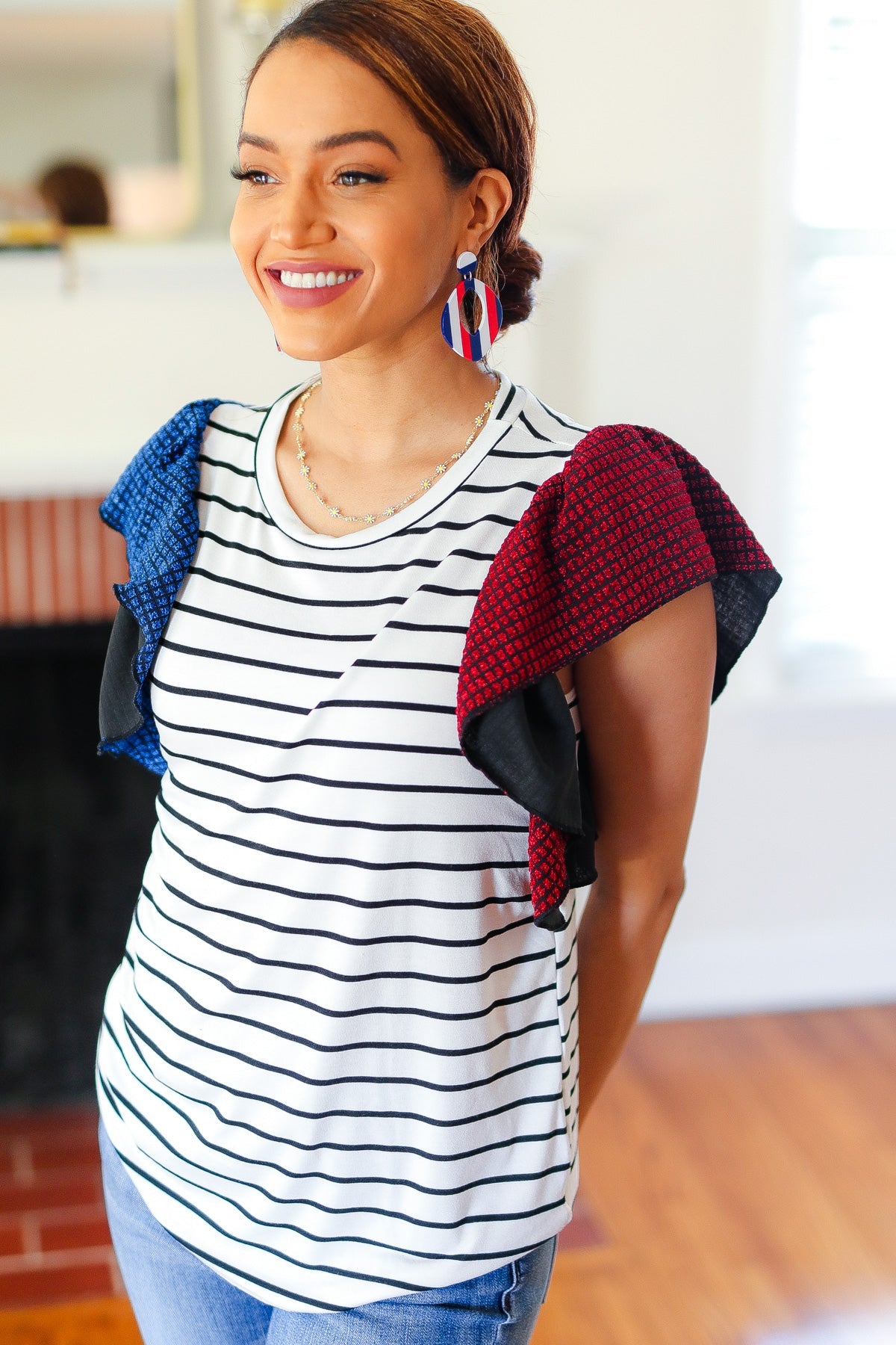 Red & Blue Glitter Flutter Sleeve Striped Top