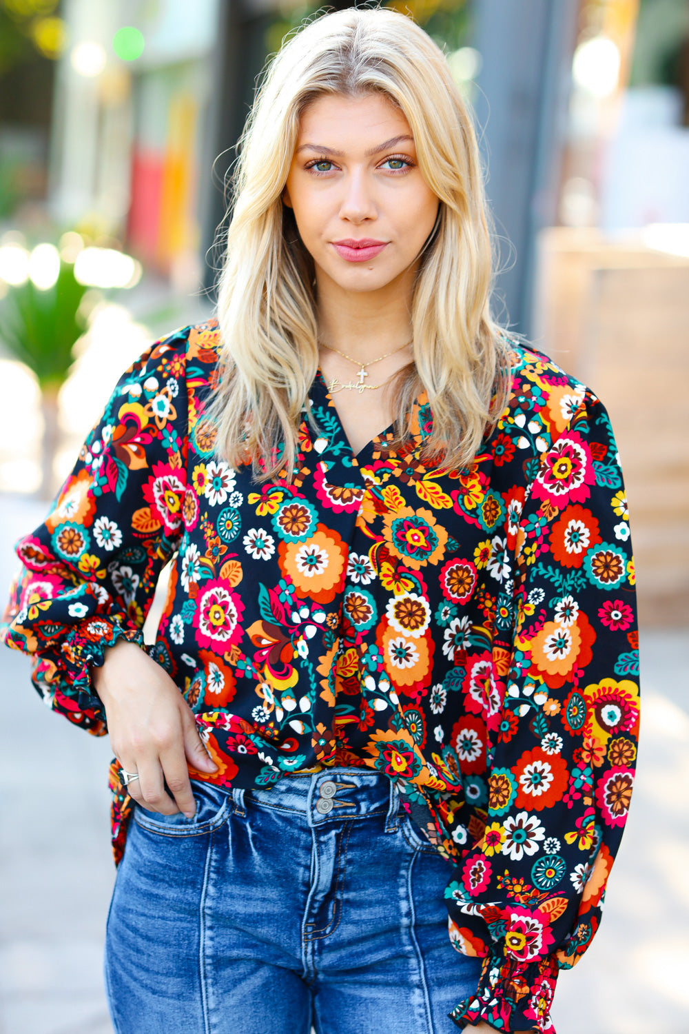 Ready For The Day Black/Magenta Floral Blouse Top