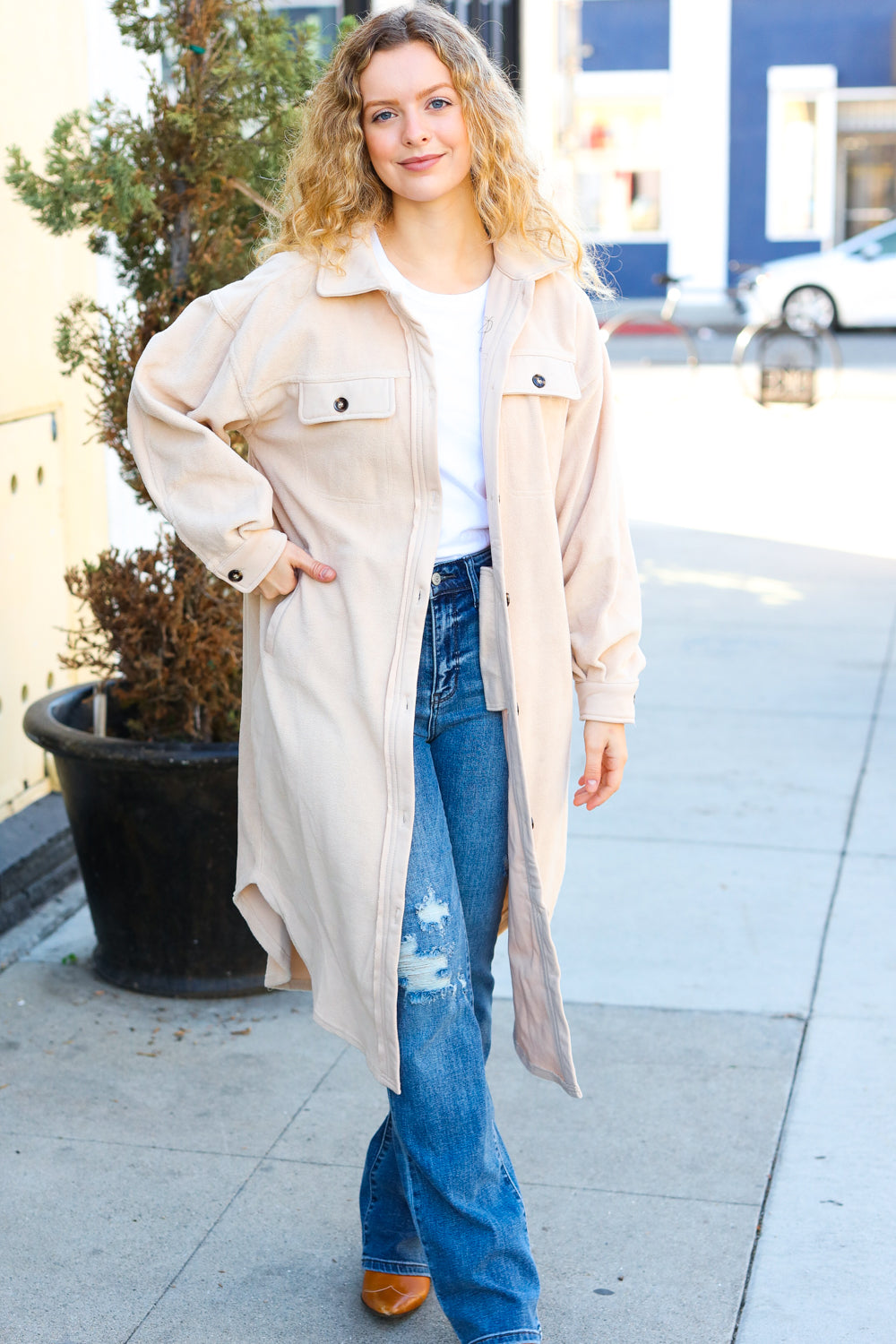 Taupe Fleece Button Down Duster Jacket