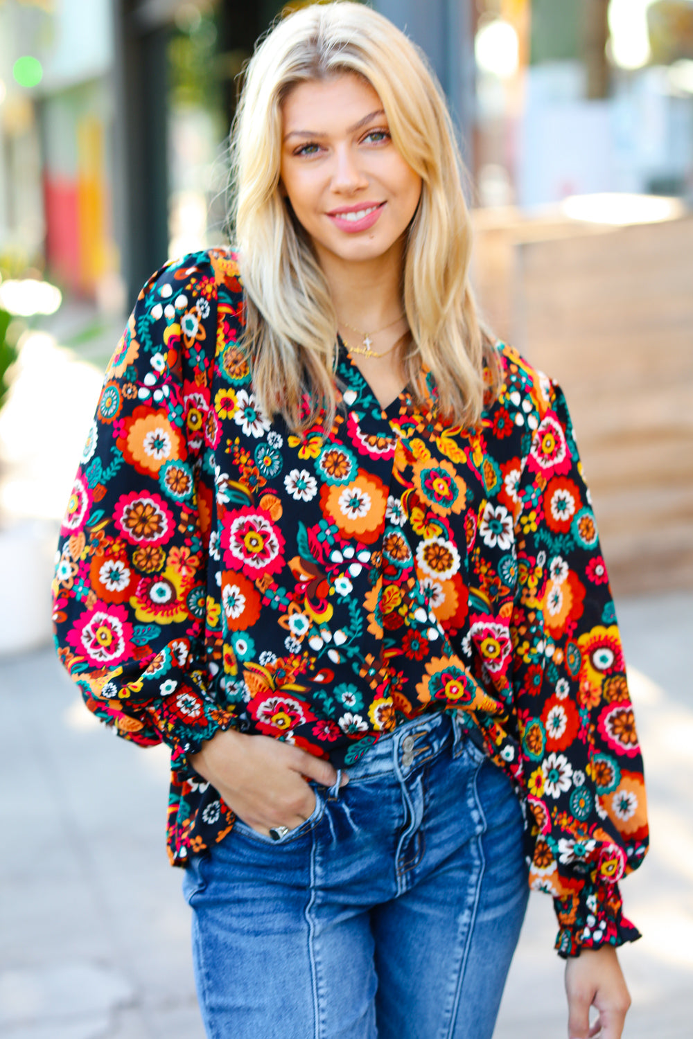 Ready For The Day Black/Magenta Floral Blouse Top