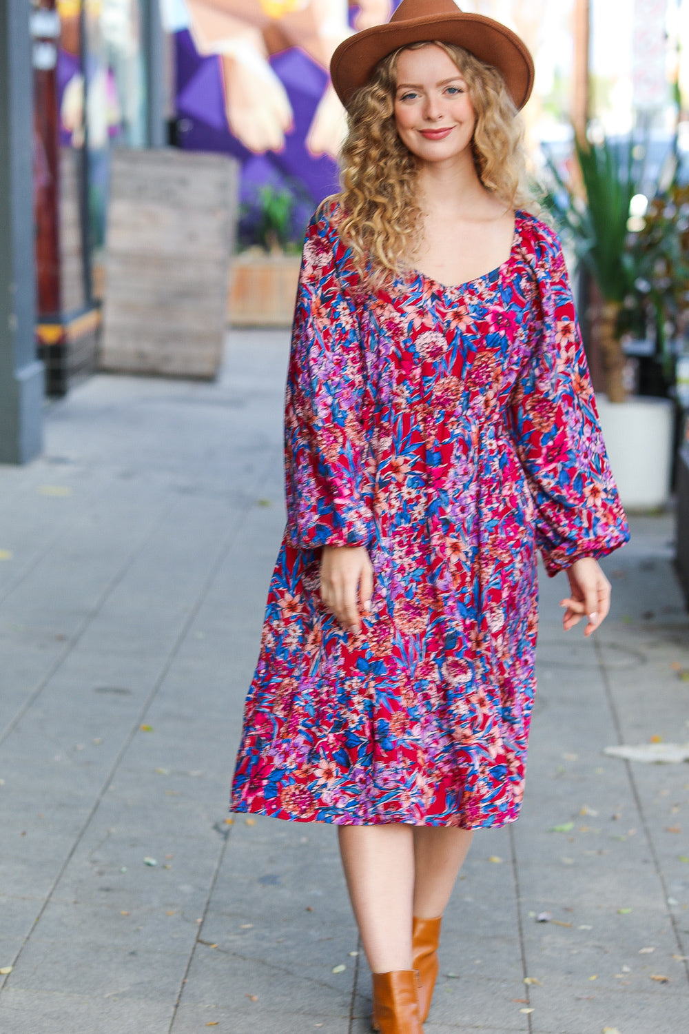 Magenta Floral Bubble Sleeve Dress
