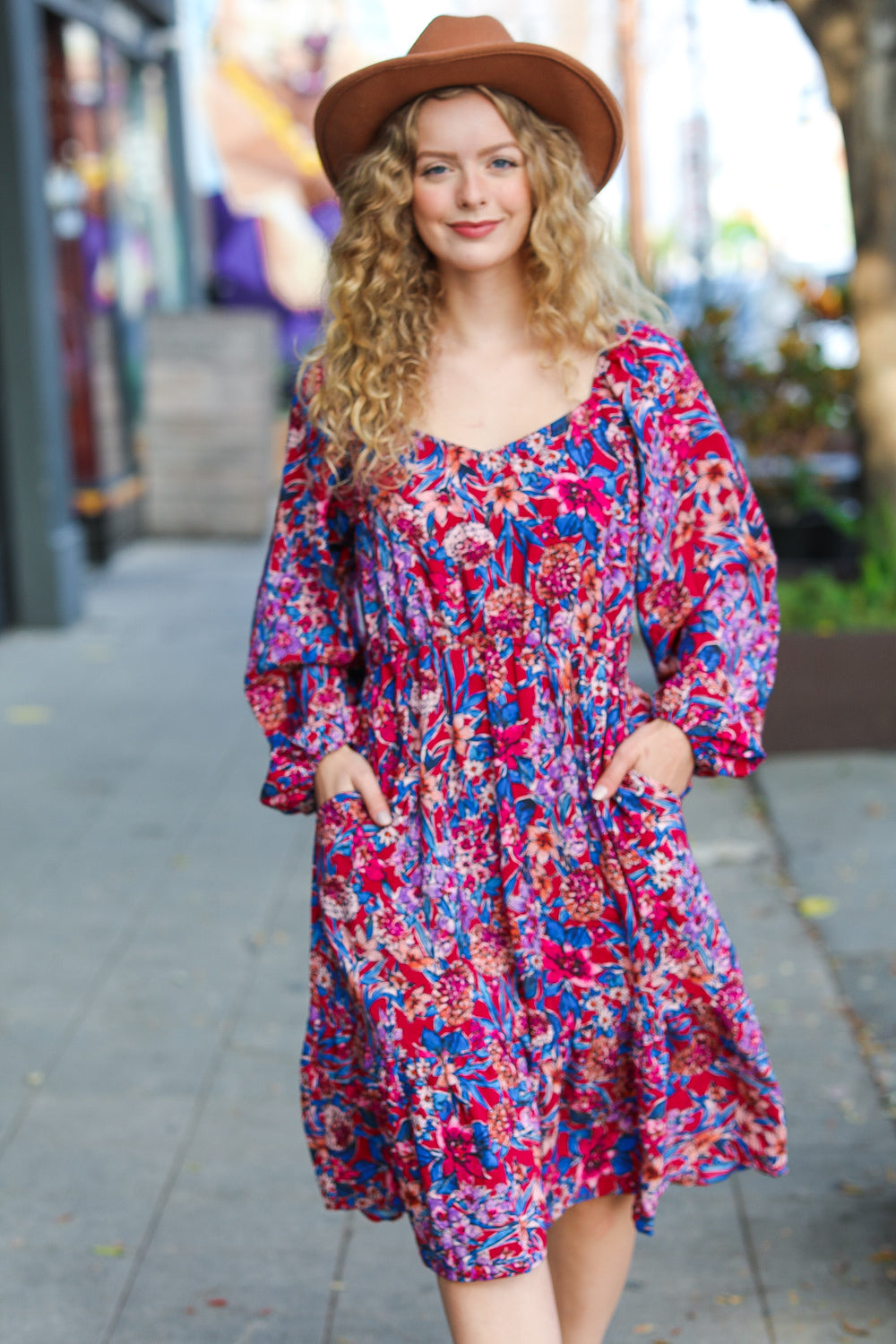 Magenta Floral Bubble Sleeve Dress