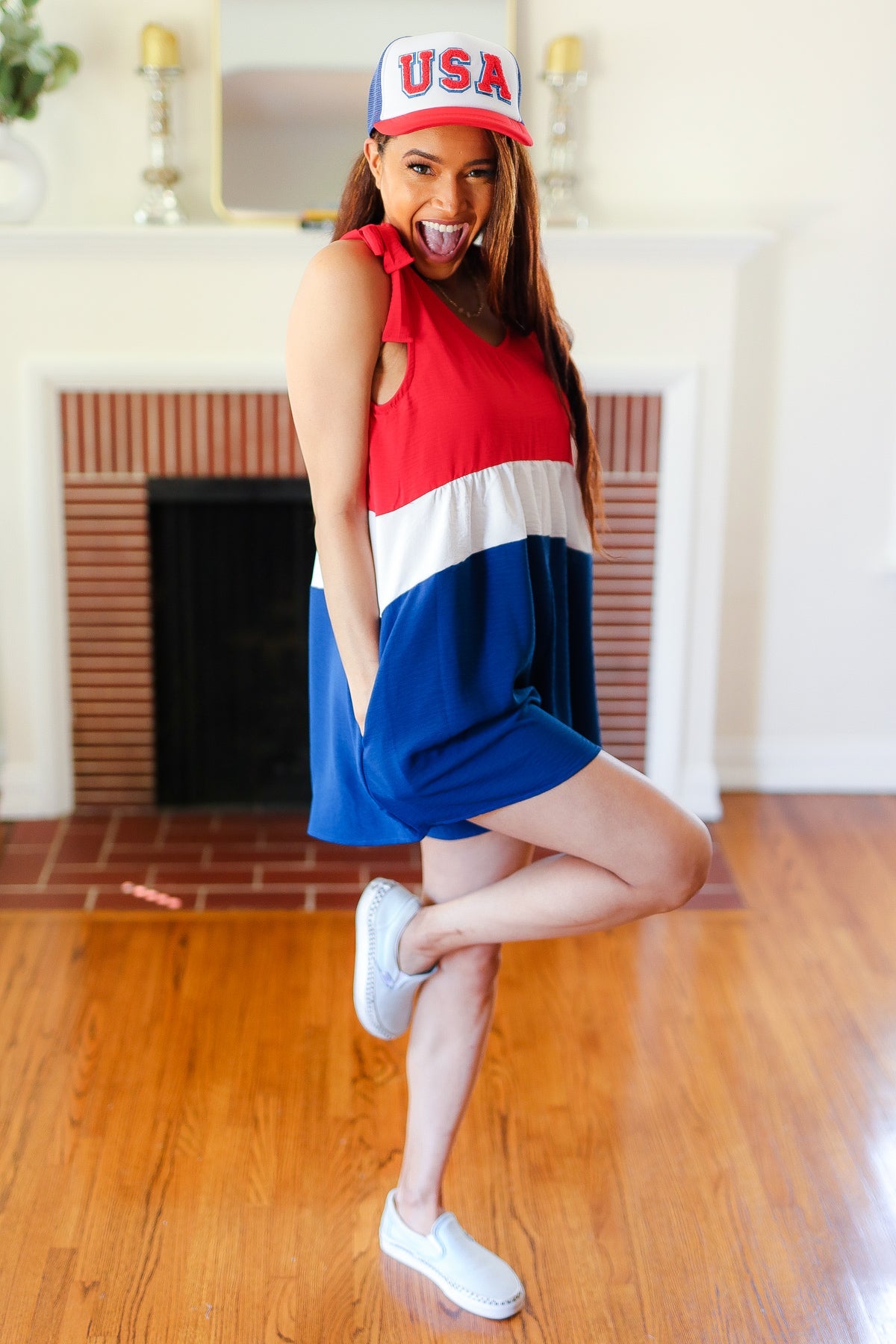 Red White & Blue Color Block Shoulder Tie Romper