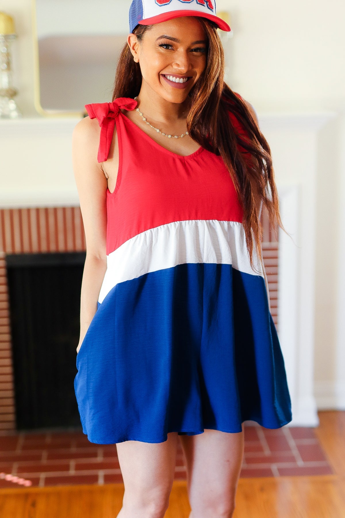 Red White & Blue Color Block Shoulder Tie Romper