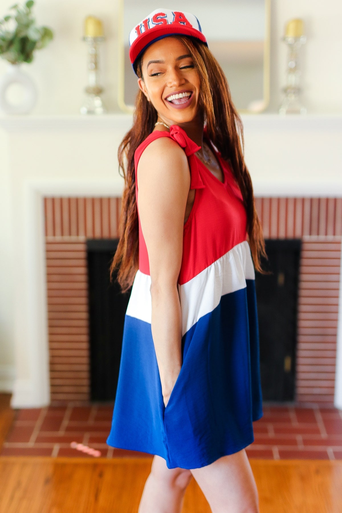 Red White & Blue Color Block Shoulder Tie Romper