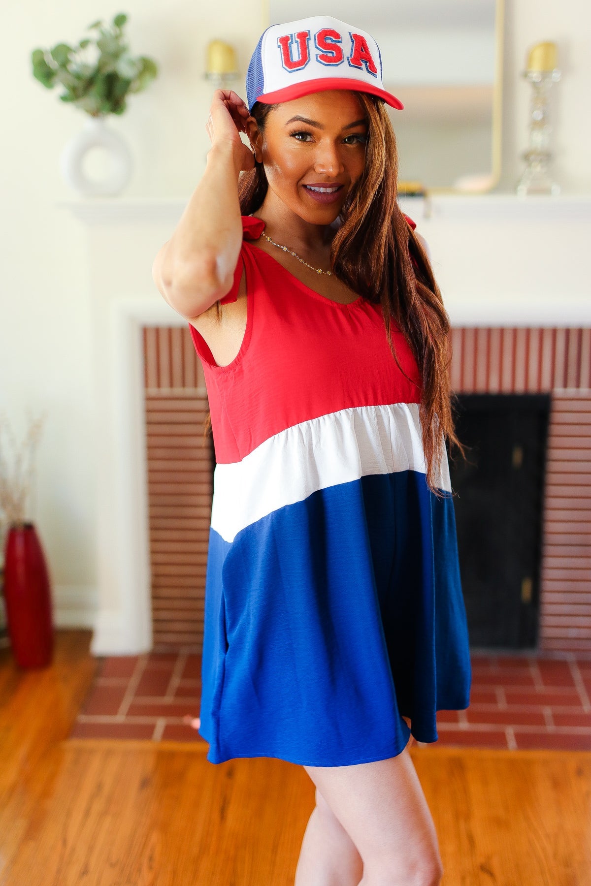 Red White & Blue Color Block Shoulder Tie Romper