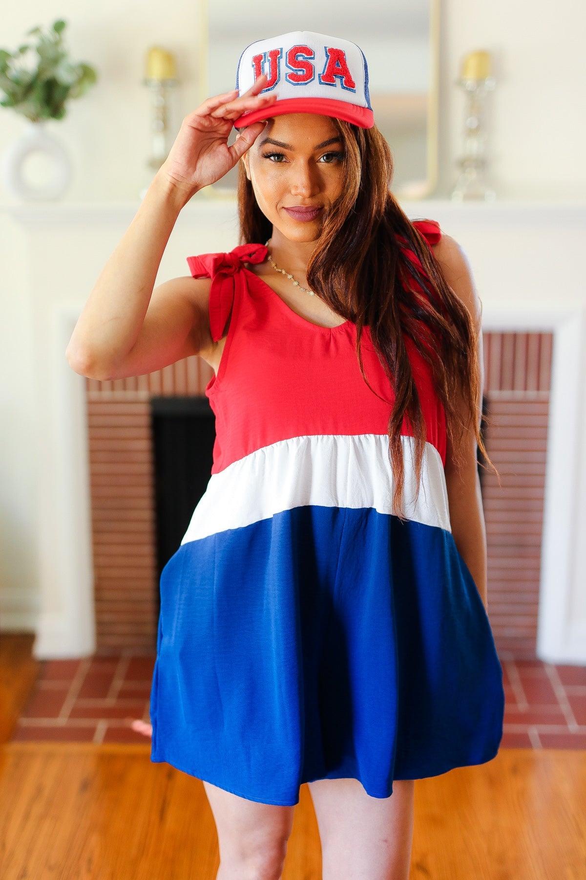 Red White & Blue Color Block Shoulder Tie Romper