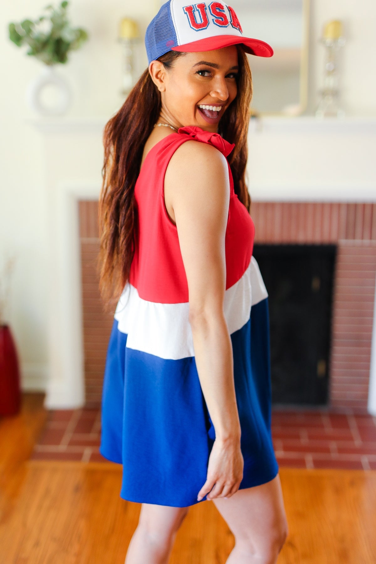 Red White & Blue Color Block Shoulder Tie Romper