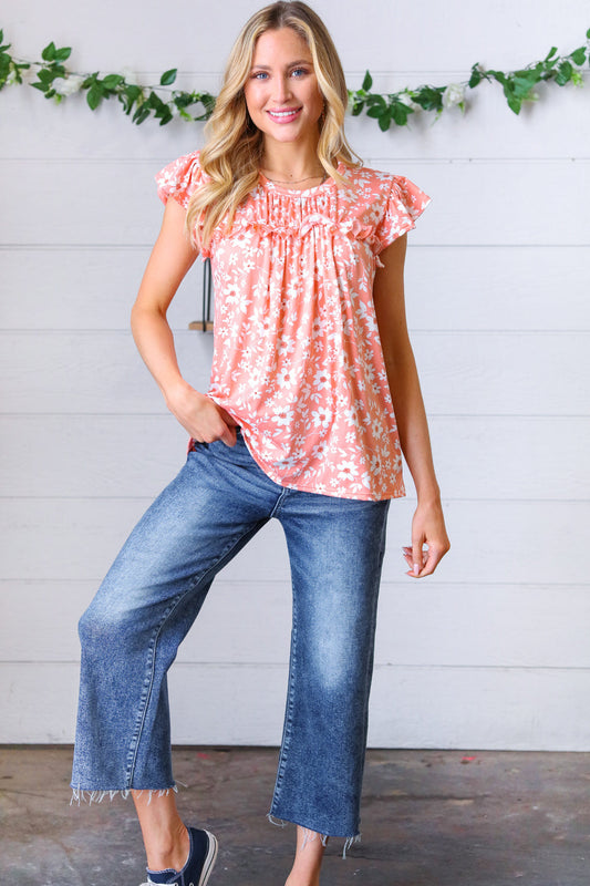 Peach Floral Flutter Sleeve Frilled Yoke Top