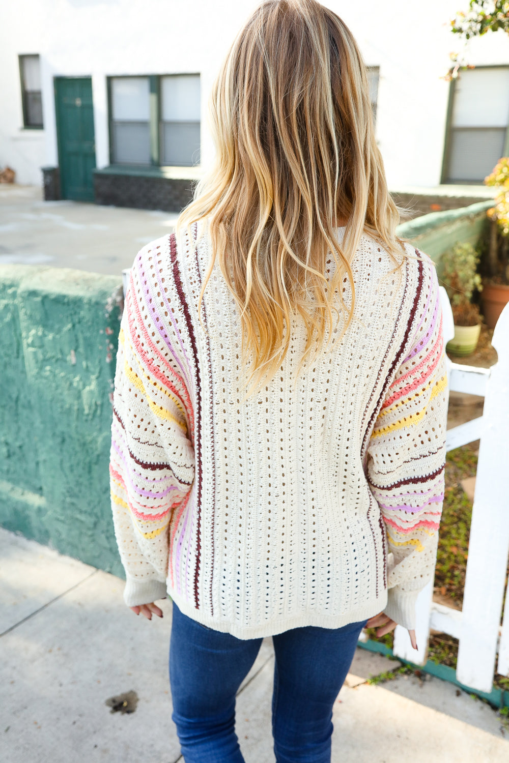 Oatmeal Multicolor Stripe Dolman Crochet Cardigan