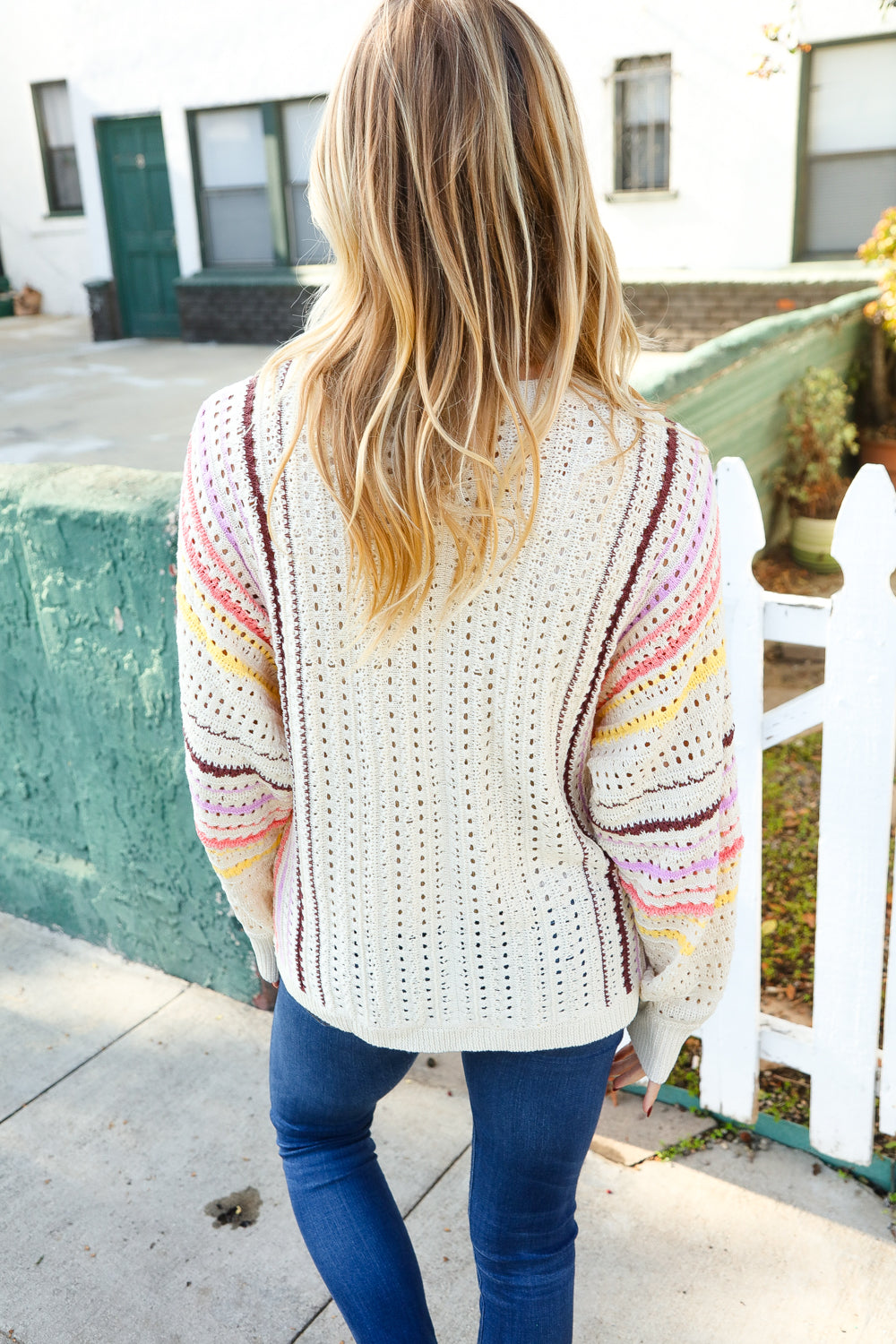 Oatmeal Multicolor Stripe Dolman Crochet Cardigan