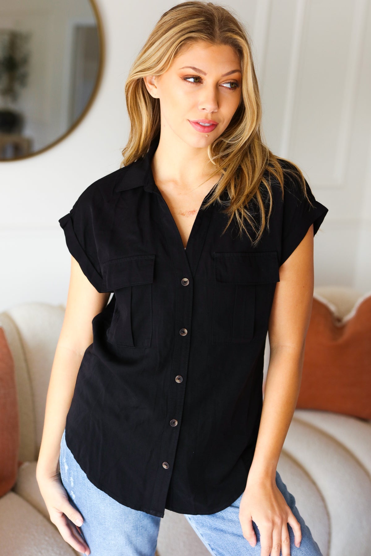 Black Tencel V-Neck Collared Top With Front Flap Pockets