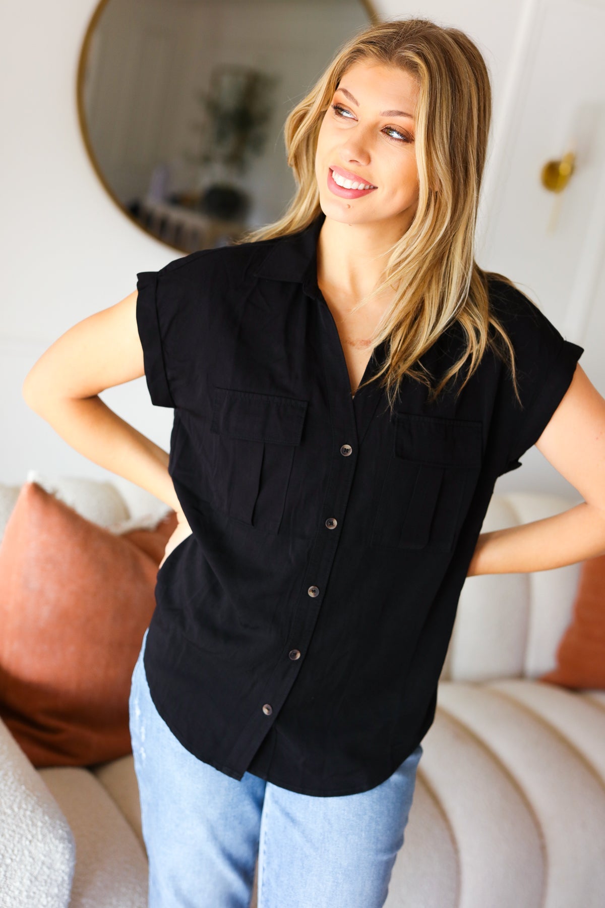 Black Tencel V-Neck Collared Top With Front Flap Pockets