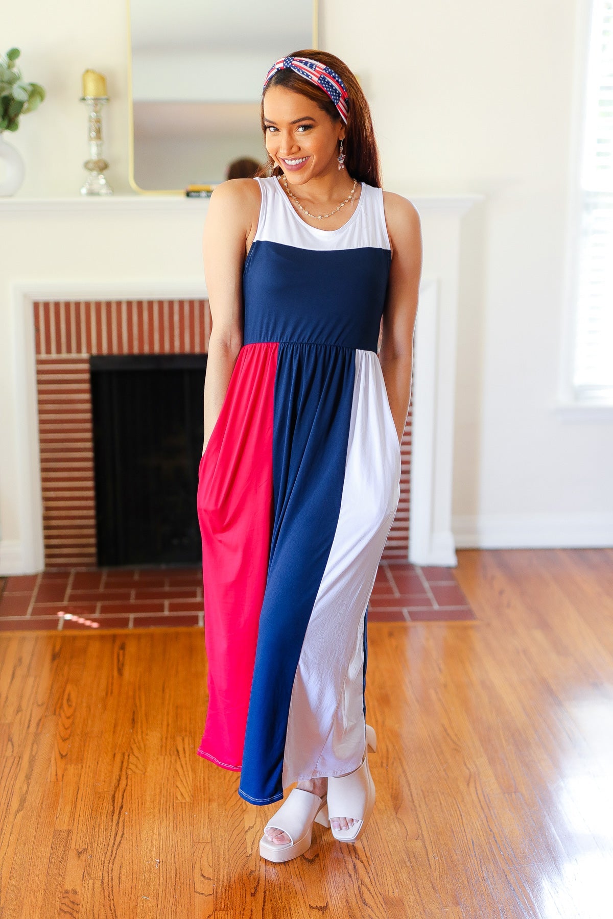 Patriotic Color Block Fit & Flare Maxi Dress