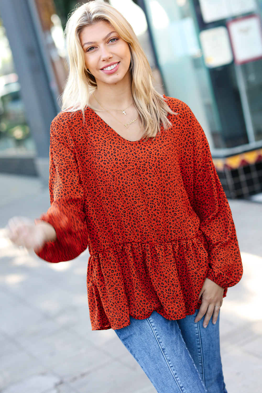 Feeling Bold Rust Leopard V Neck Relaxed Ruffle Blouse Top