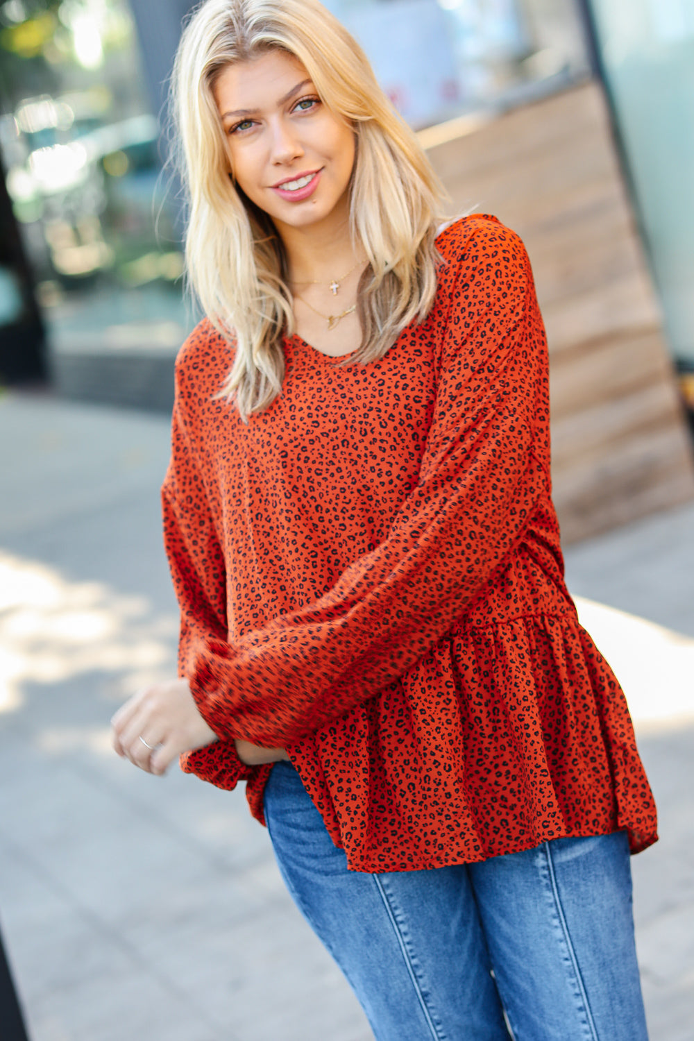 Feeling Bold Rust Leopard V Neck Relaxed Ruffle Blouse Top