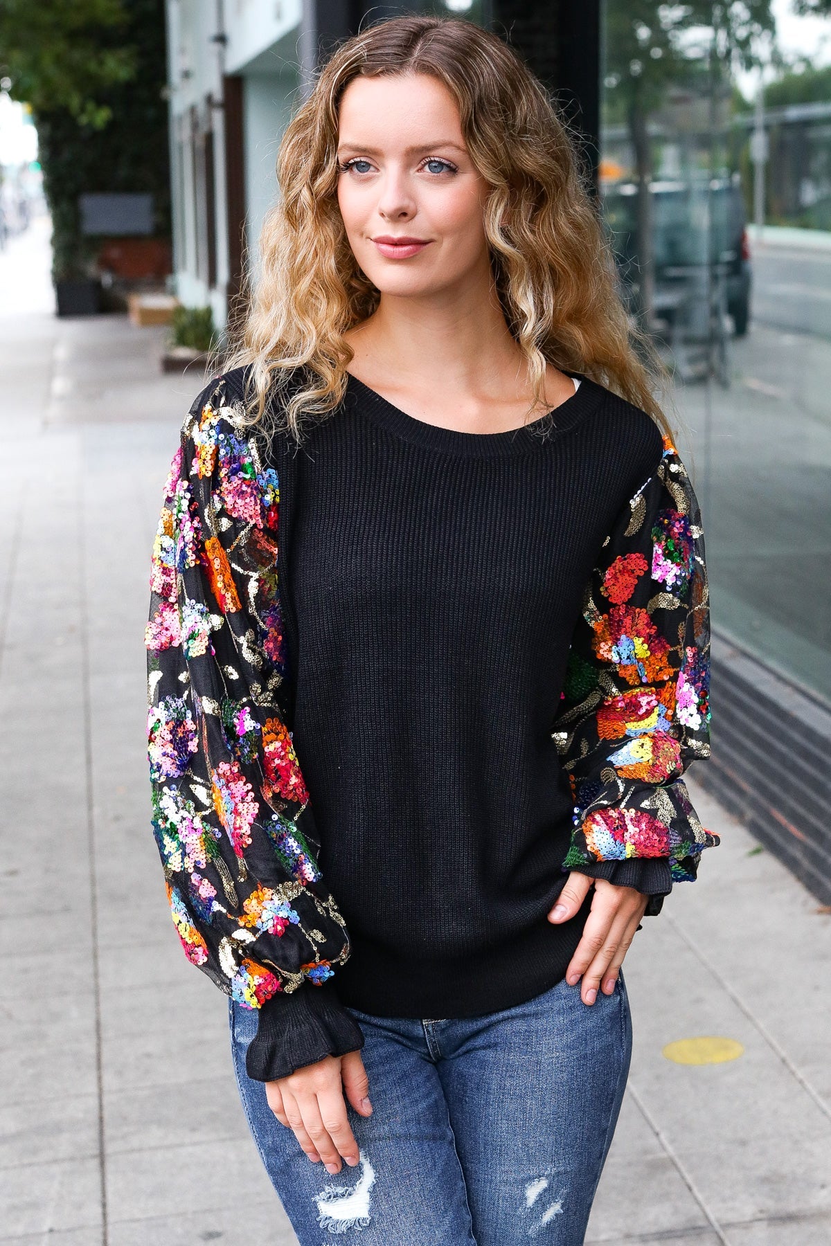 Black Floral Sequin Mesh Sleeve Rib Knit Top