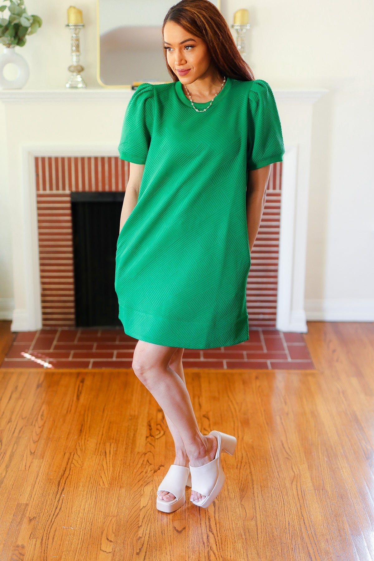 Kelly Green Textured Puff Sleeve Dress