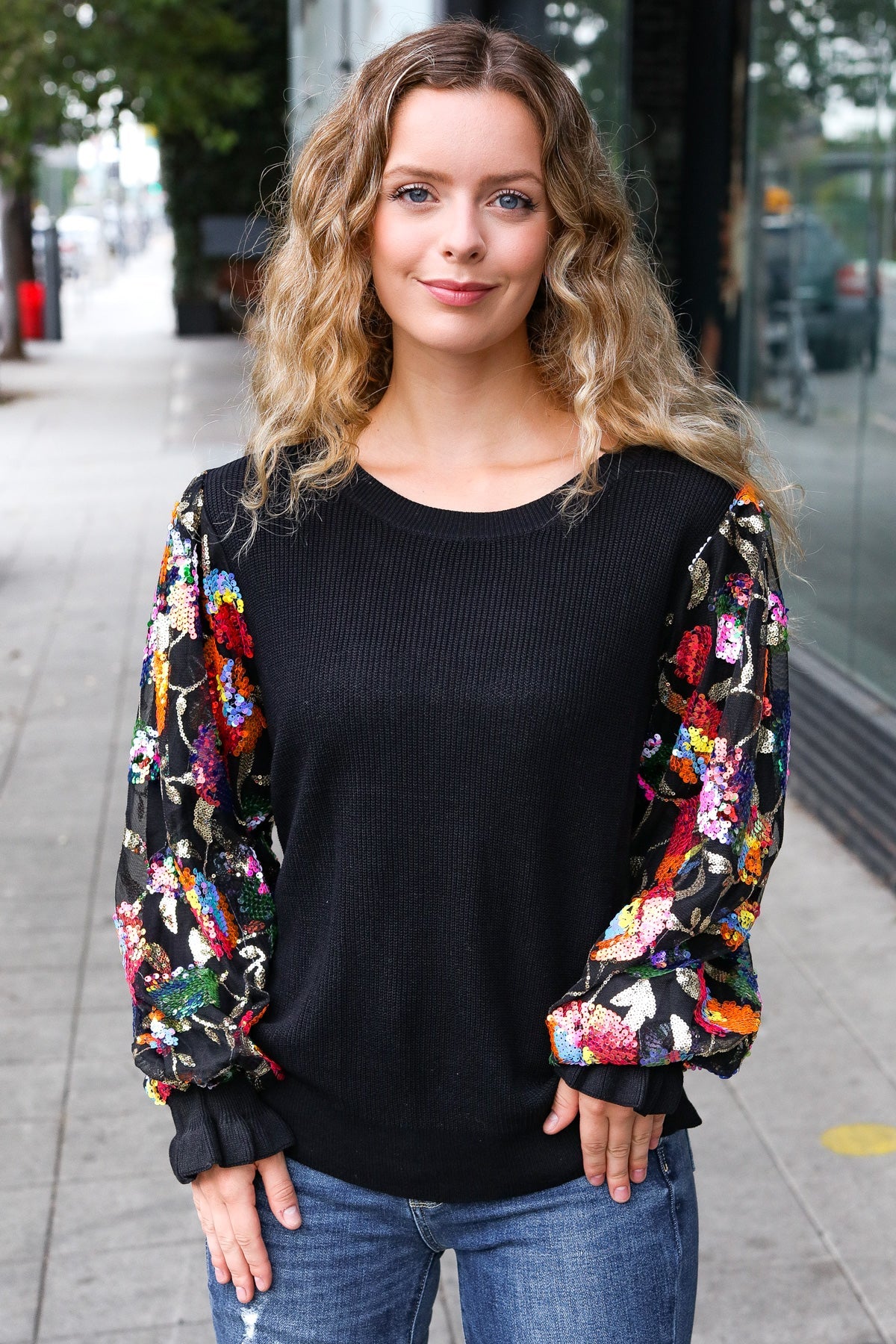 Black Floral Sequin Mesh Sleeve Rib Knit Top