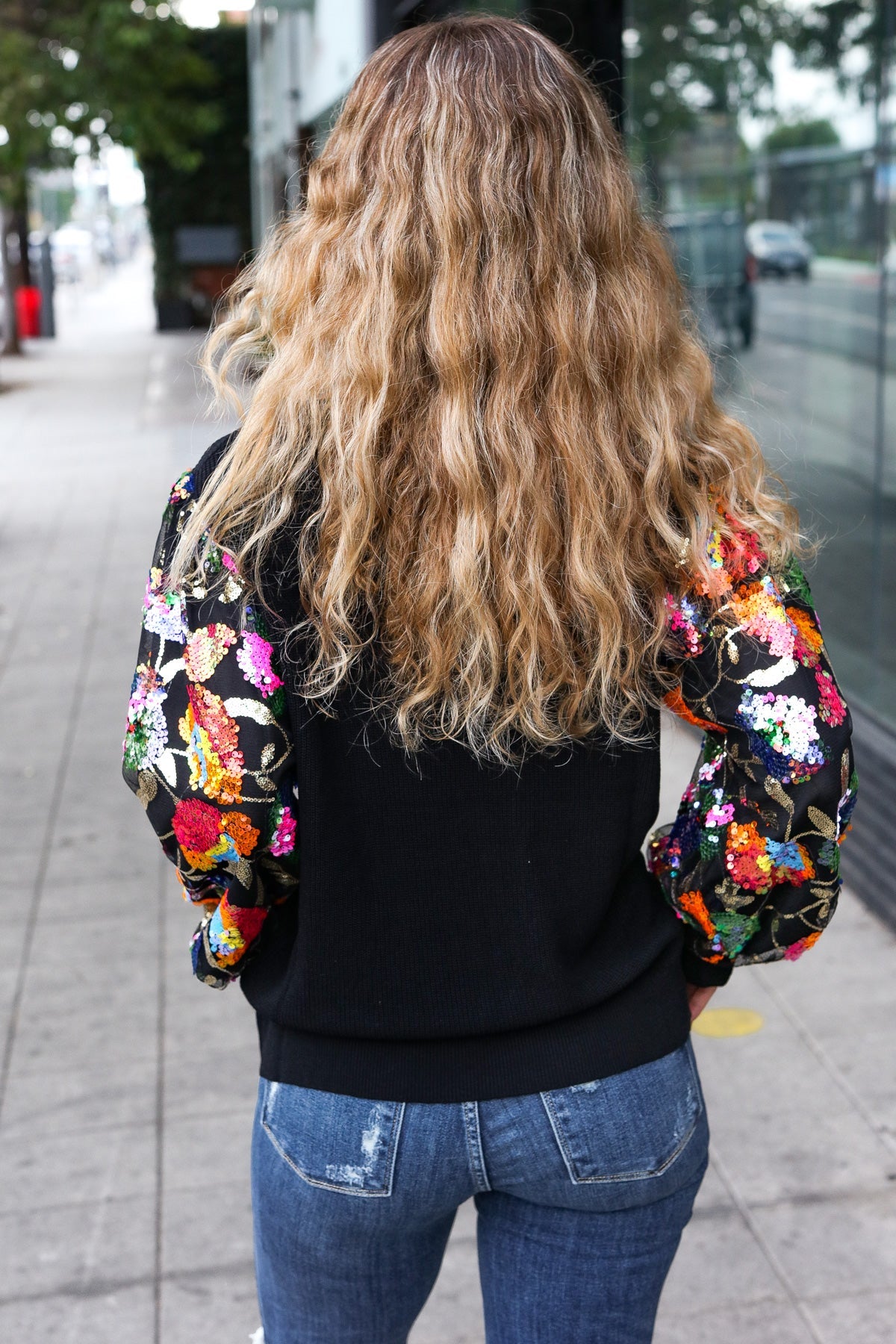 Black Floral Sequin Mesh Sleeve Rib Knit Top