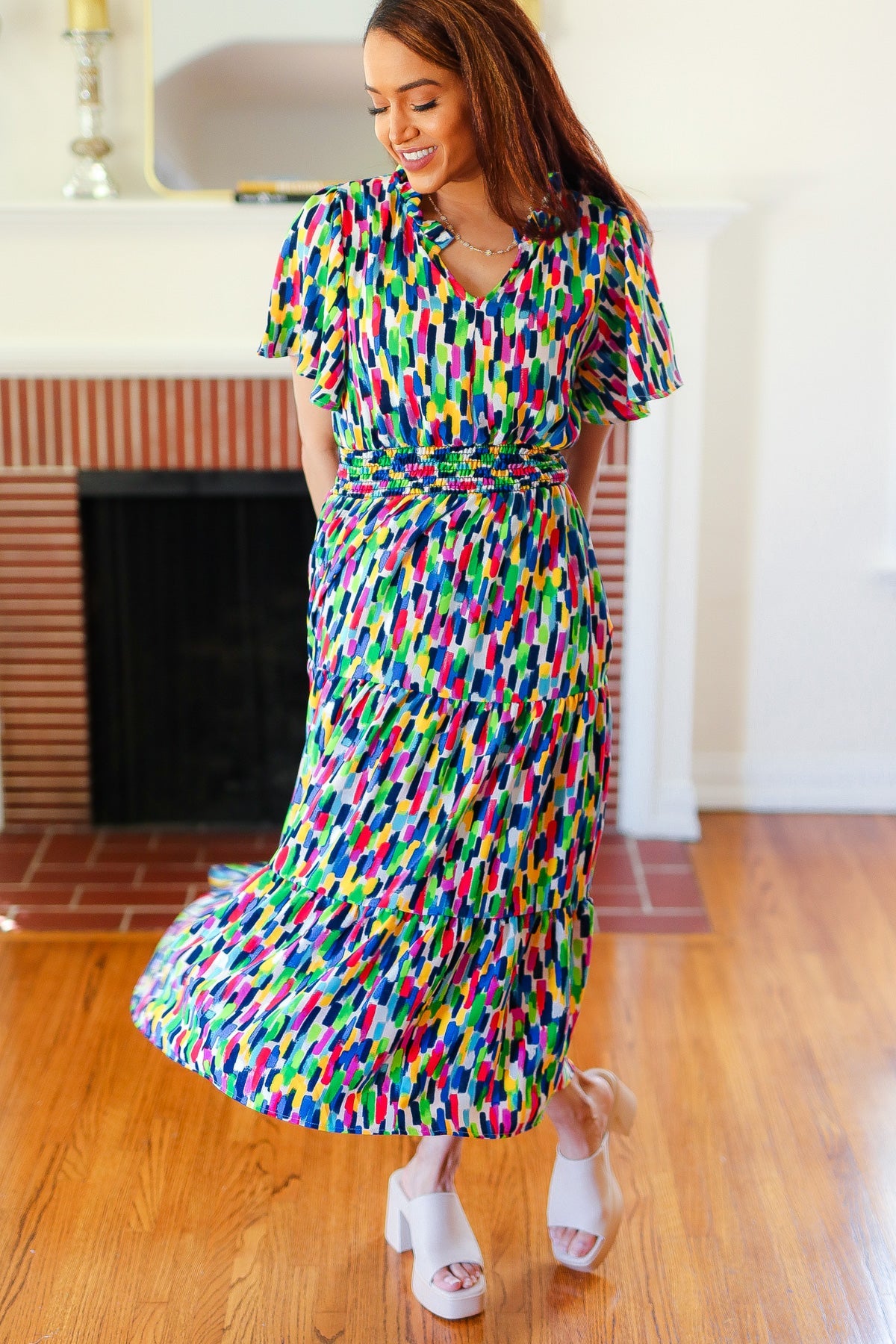 Navy Multicolor Abstract Smocked Waist Maxi Dress
