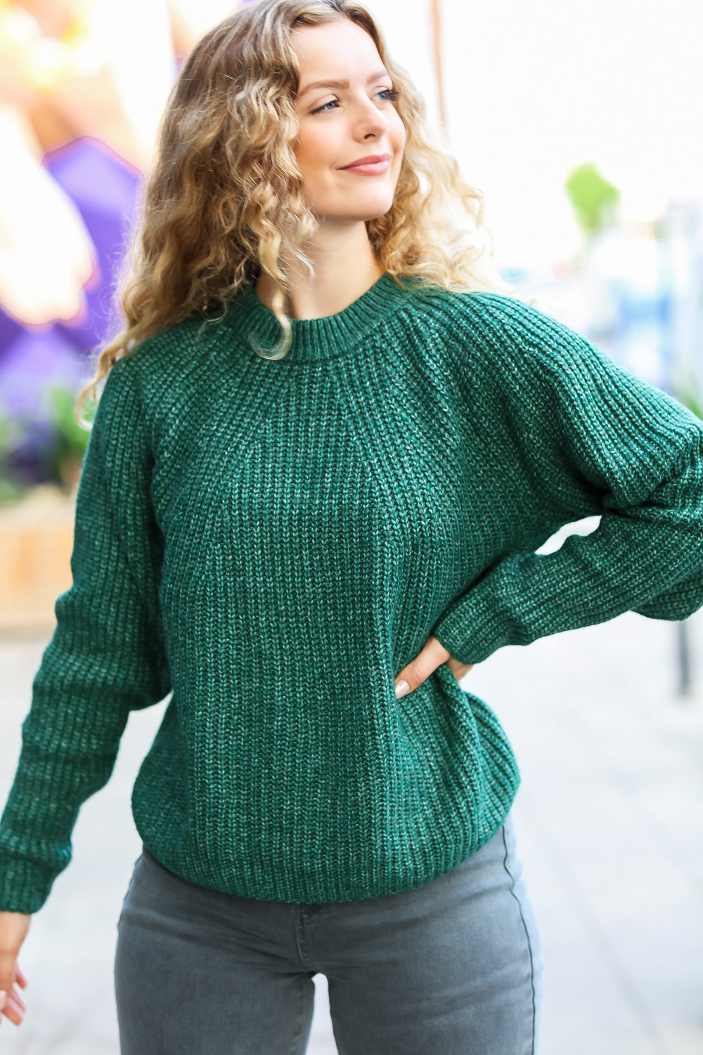 Green Mélange Round Neck Knit Sweater