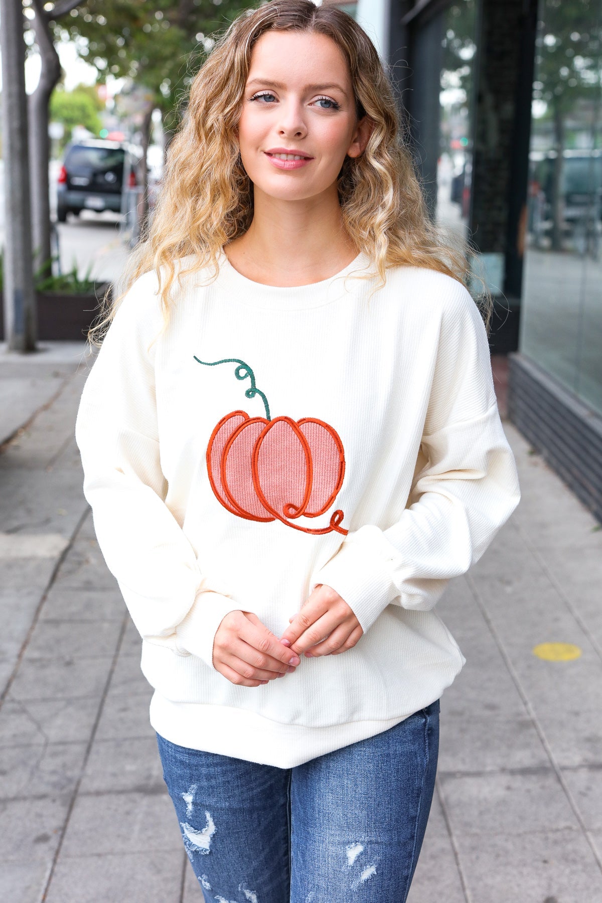 Ivory Embroidered Pumpkin Knit Sweater