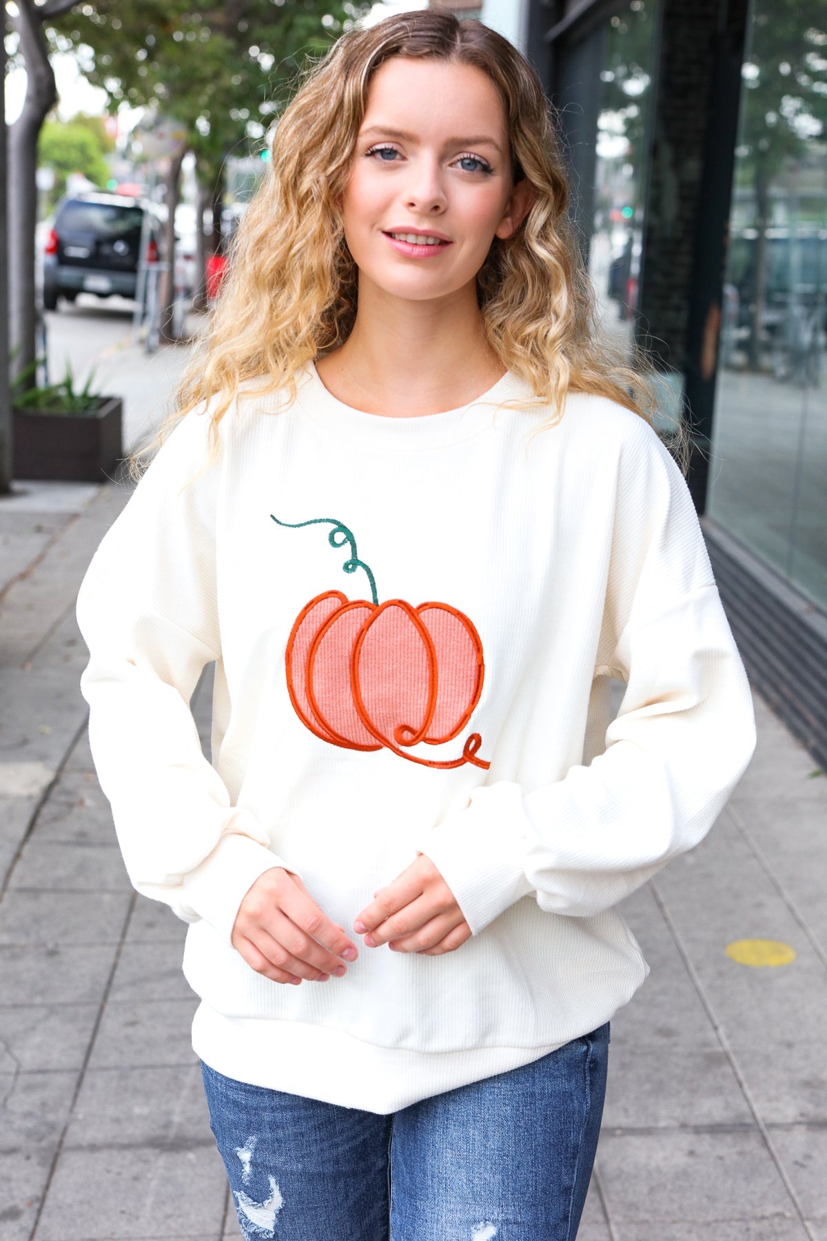 Ivory Embroidered Pumpkin Knit Sweater