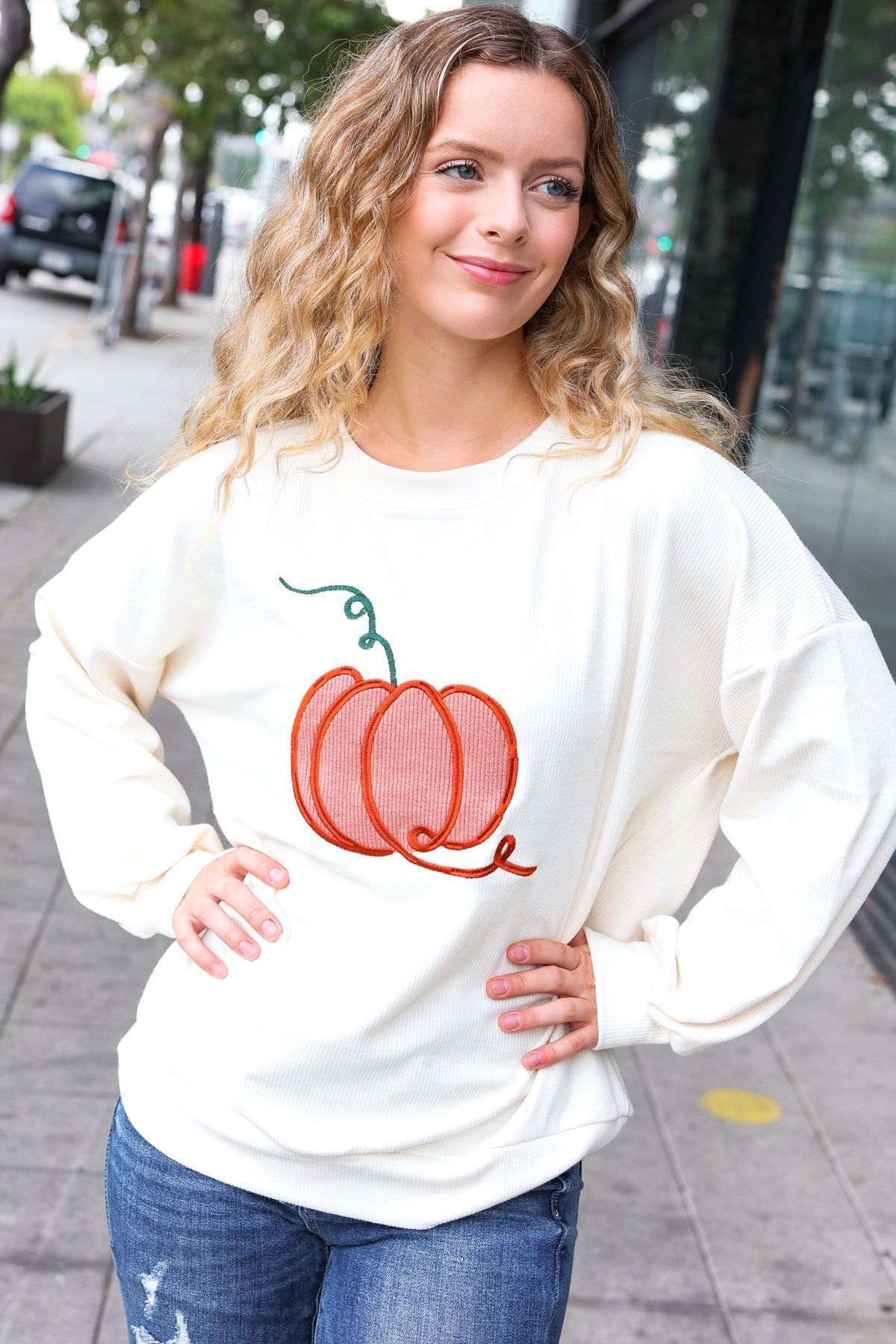 Ivory Embroidered Pumpkin Knit Sweater