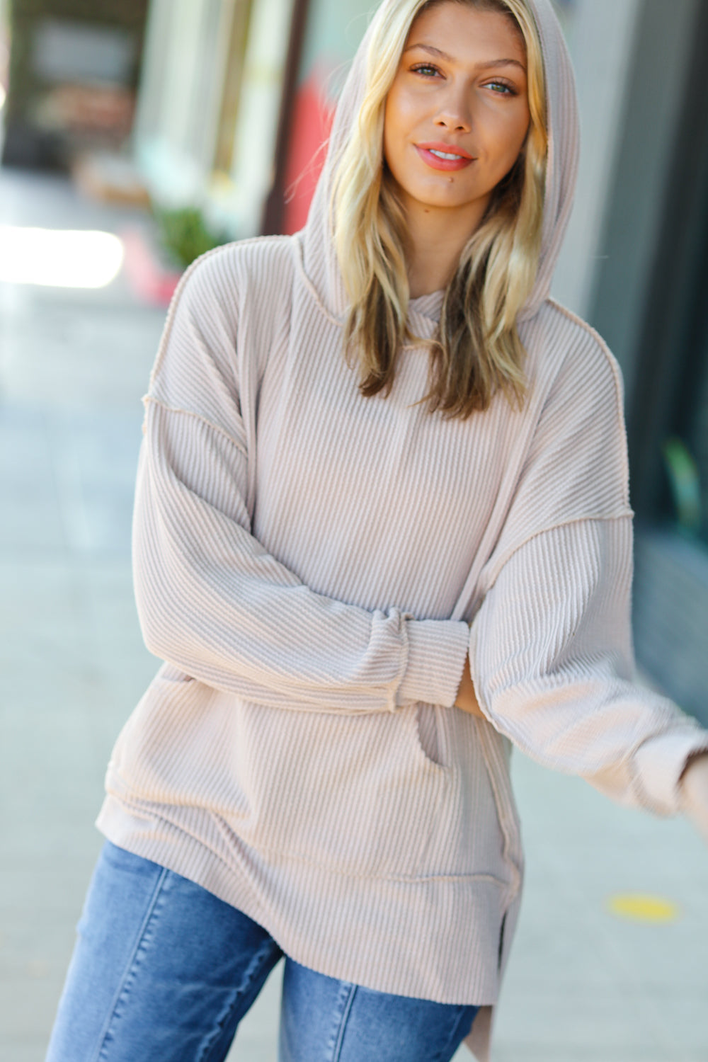 Taupe Mineral Wash Rib Knit Hoodie