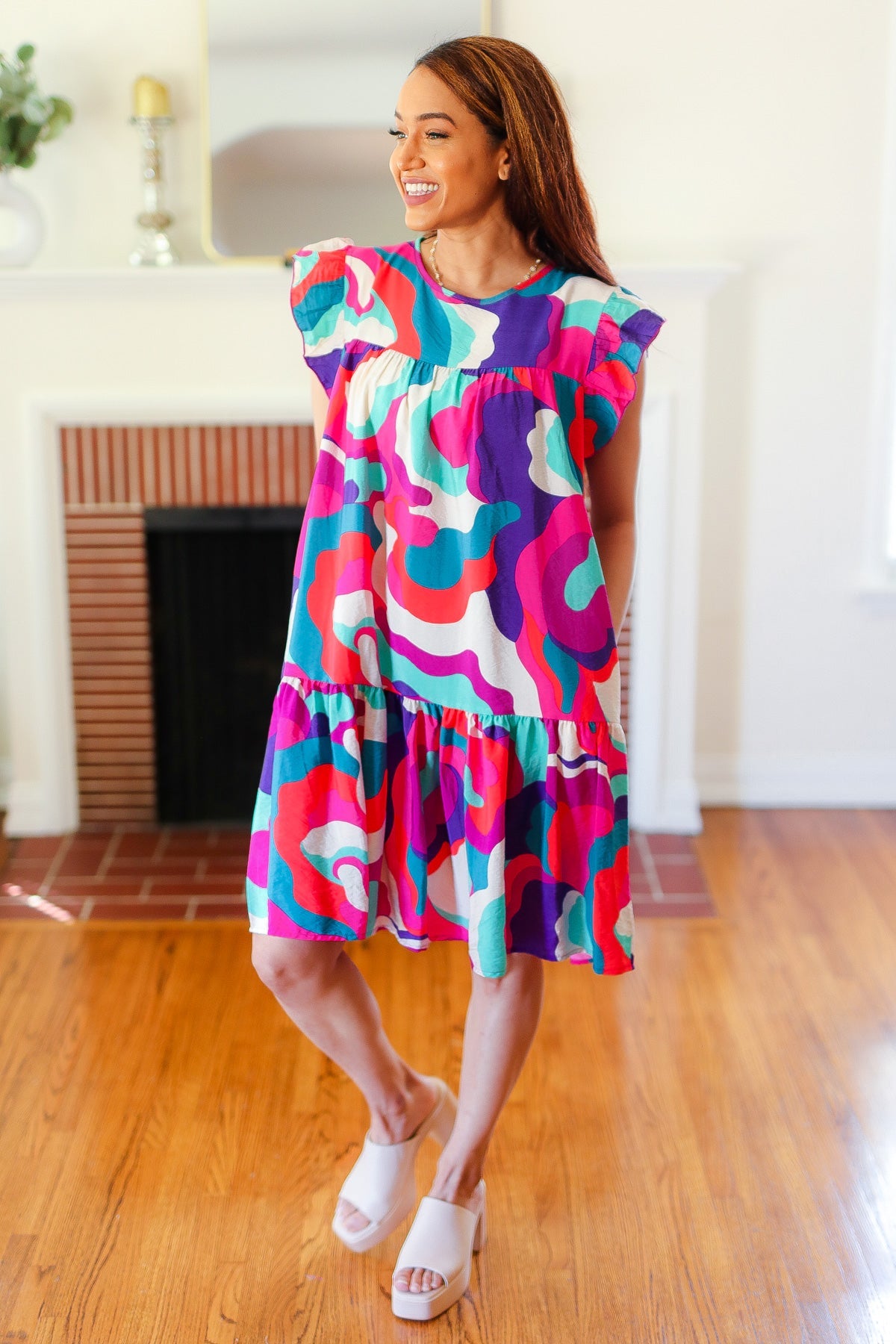 Fuchsia Geo Print Tiered Ruffle Sleeve Woven Dress