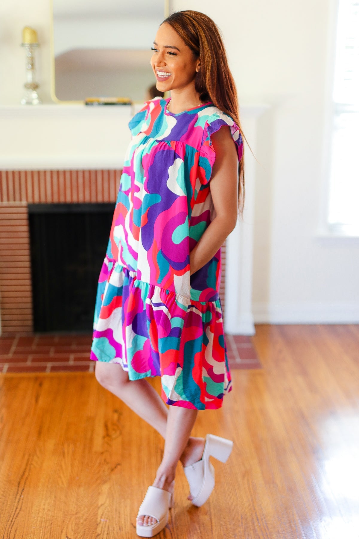 Fuchsia Geo Print Tiered Ruffle Sleeve Woven Dress