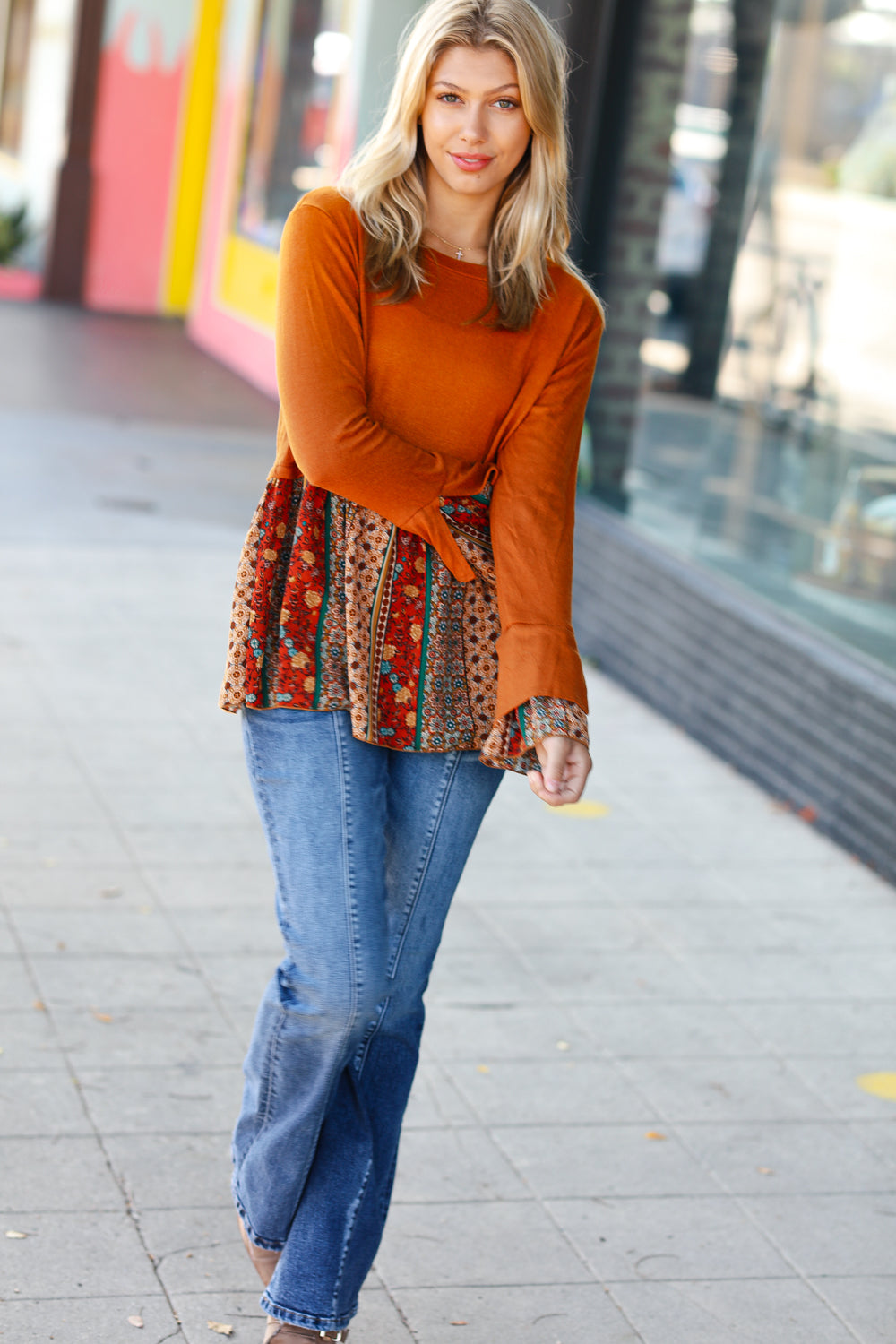 Rust Paisley Bell Sleeve Relaxed Ruffle Top