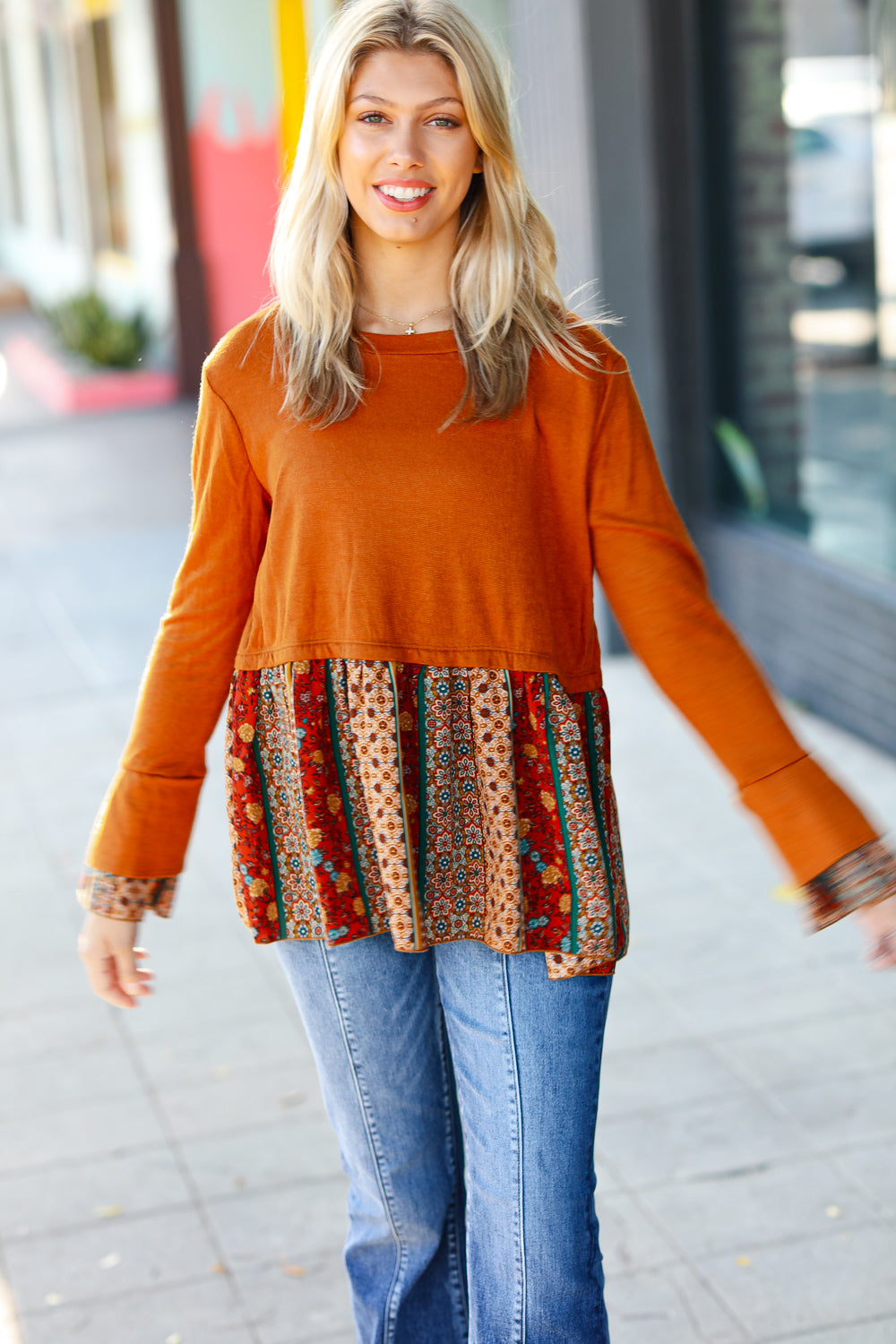 Rust Paisley Bell Sleeve Relaxed Ruffle Top