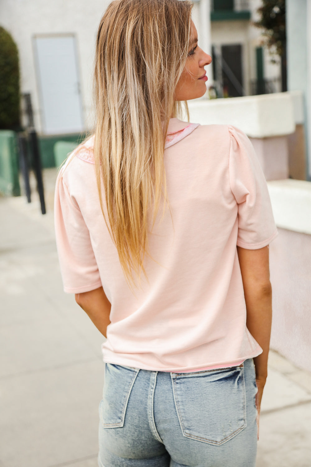 Blush Flat Collar Floral French Terry Blouse