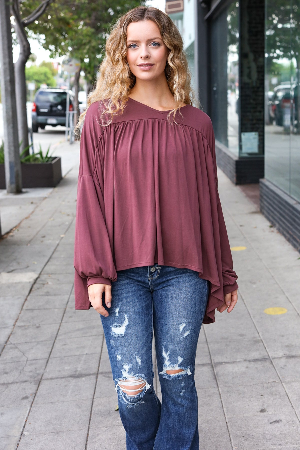 Wine V Neck Yoke Modal Knit Oversized Top