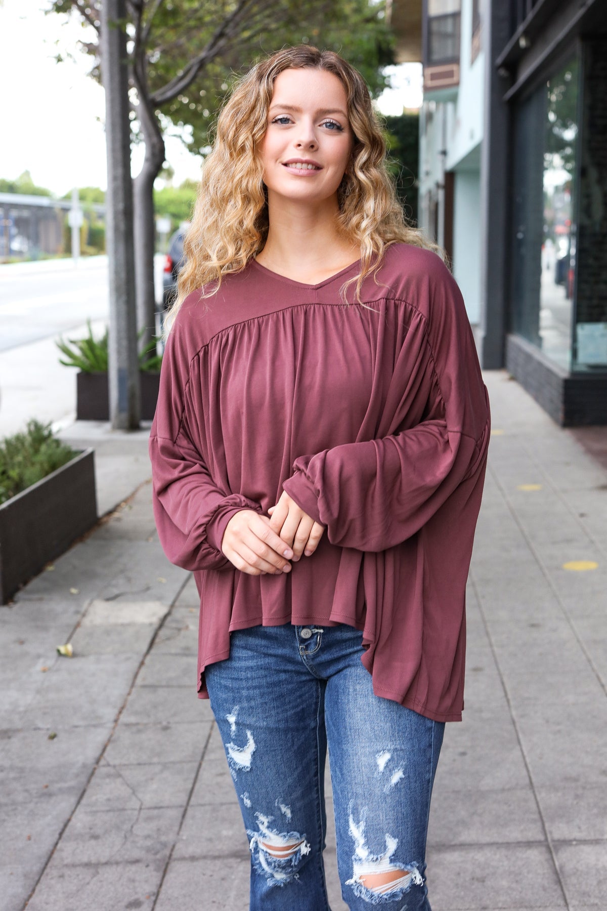 Wine V Neck Yoke Modal Knit Oversized Top